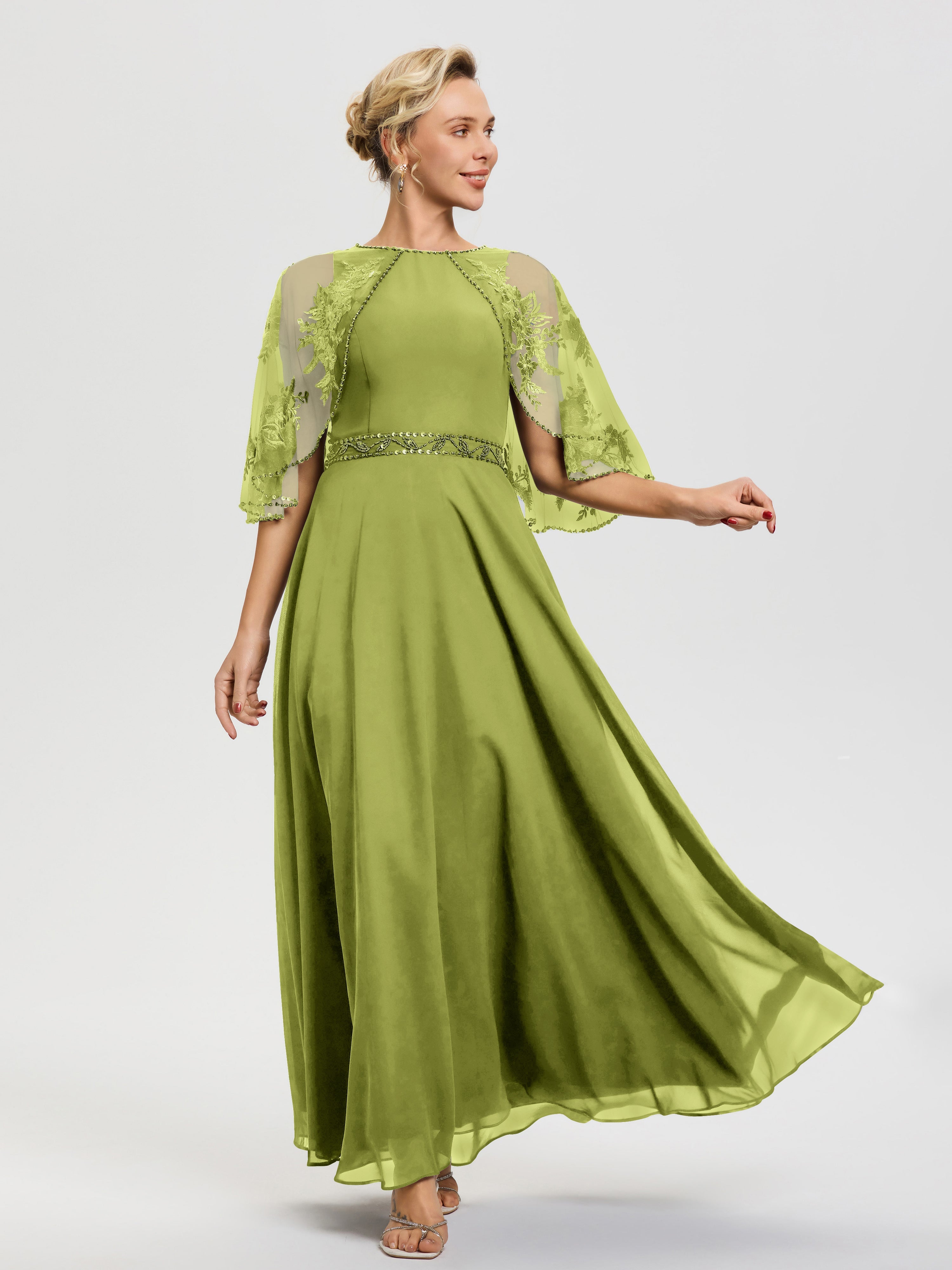 Robe Mère Marié Trèfle Mousseline & Dentelle Col Rond Robe De Cérémonie Mère De La Mariée