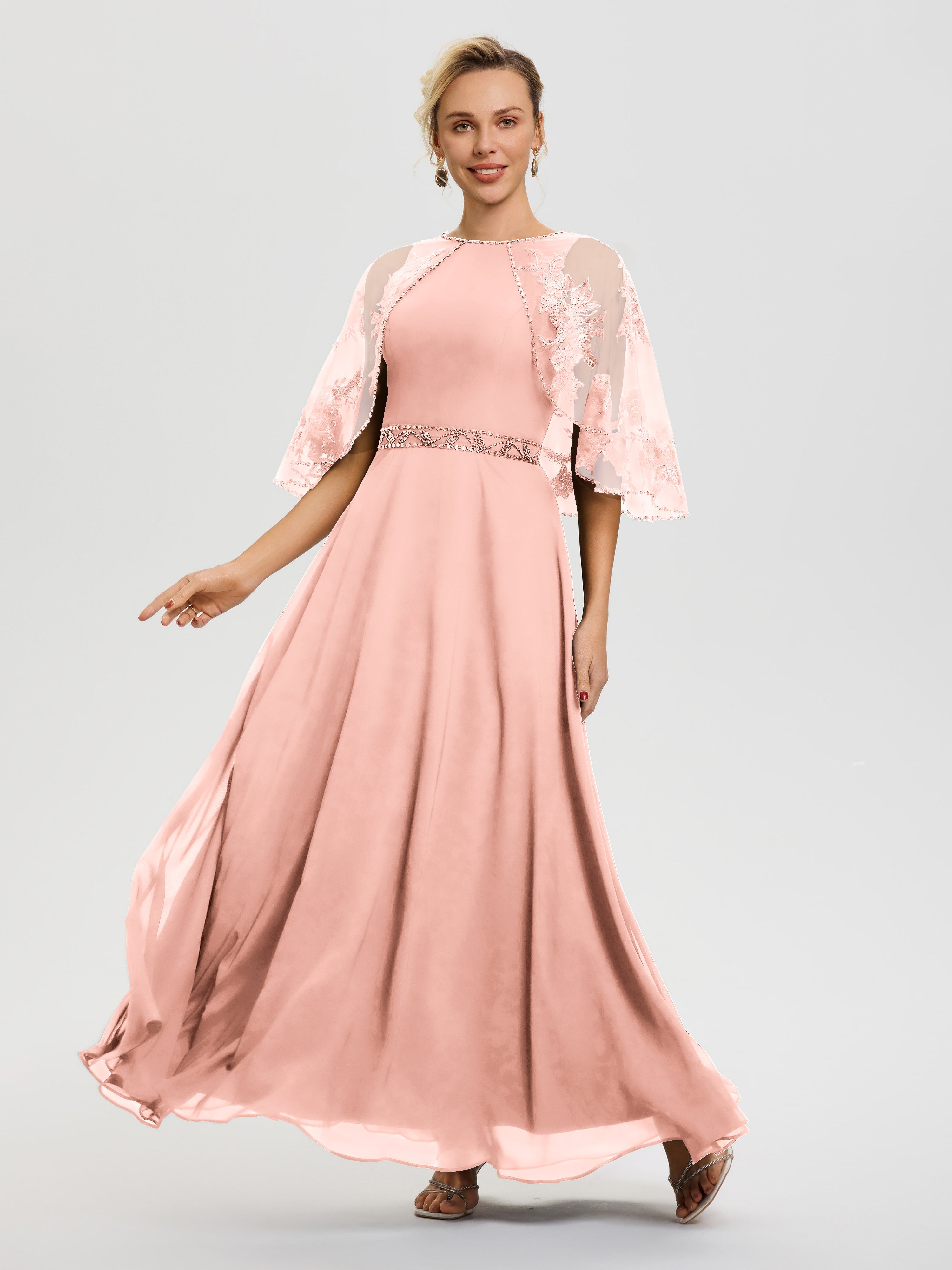 Robe De Mère De La Mariée Corail Mousseline-Dentelle-Col-Rond-Robe-De-Ceremonie-Mere-De-La-Mariee