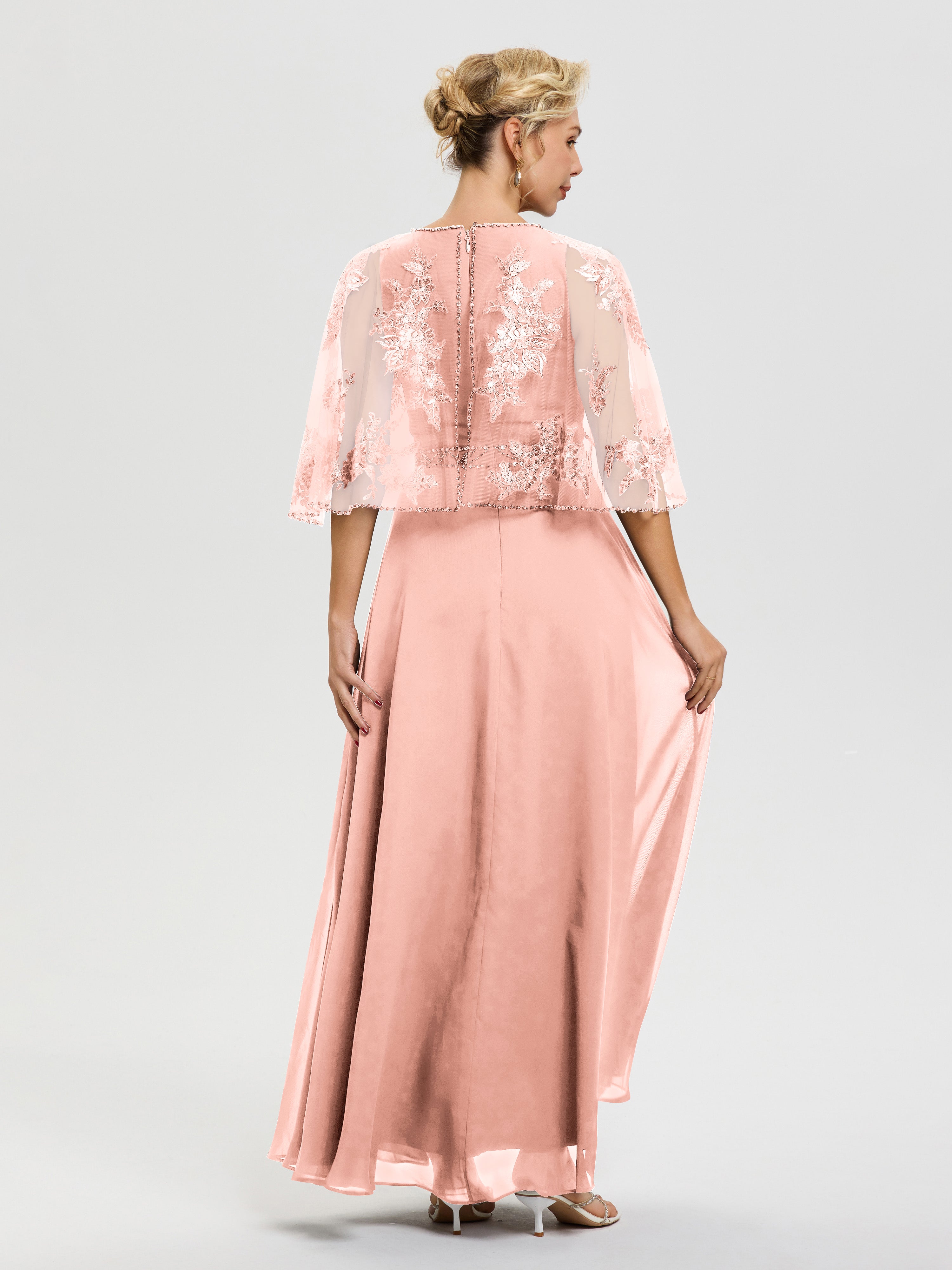 Robe De Mère De La Mariée Corail Mousseline-Dentelle-Col-Rond-Robe-De-Ceremonie-Mere-De-La-Mariee