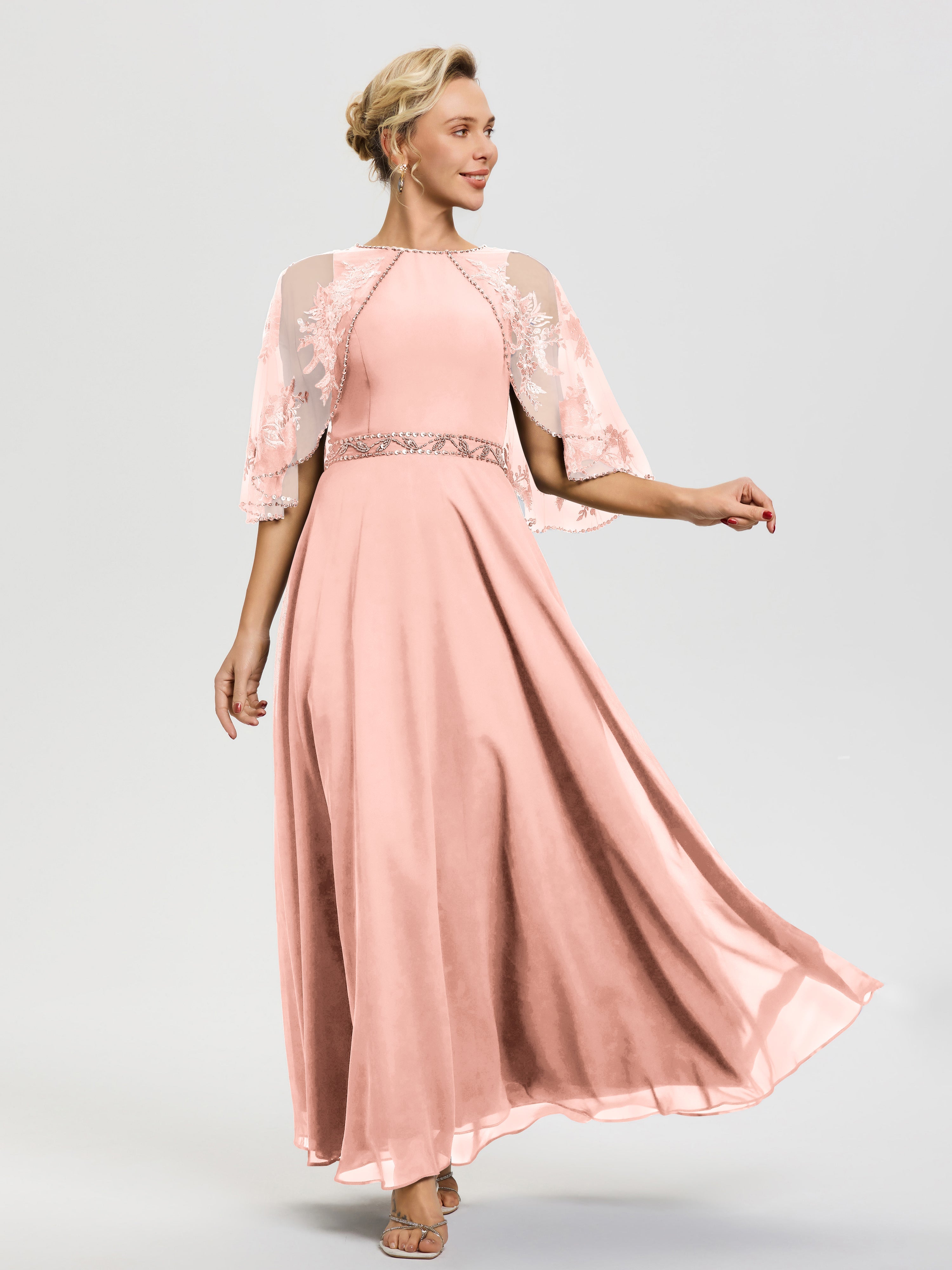 Robe De Mère De La Mariée Corail Mousseline-Dentelle-Col-Rond-Robe-De-Ceremonie-Mere-De-La-Mariee