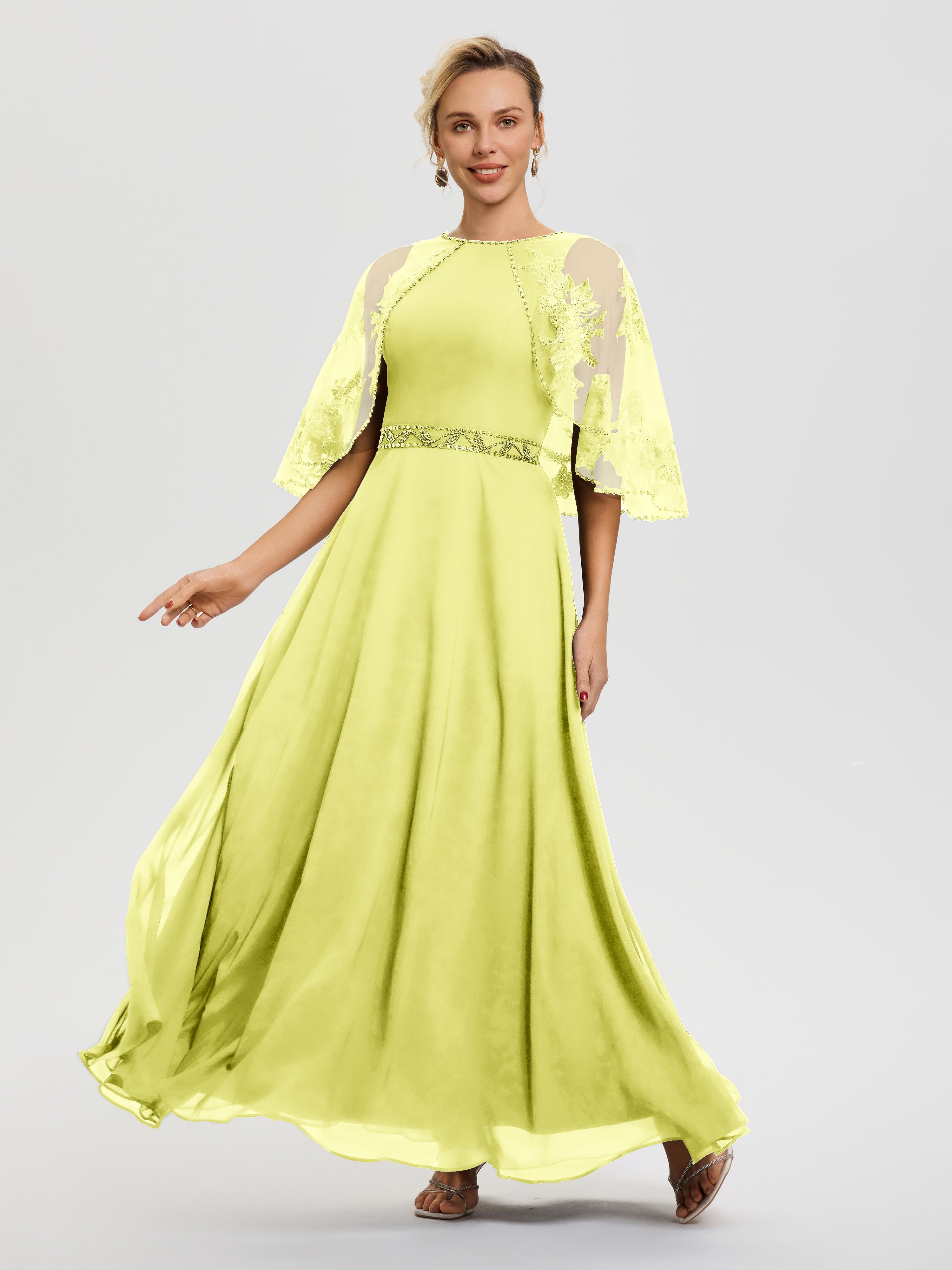 Robe De Mère Du Marié Jonquille Mousseline & Dentelle Col Rond Robe De Cérémonie Mère De La Mariée