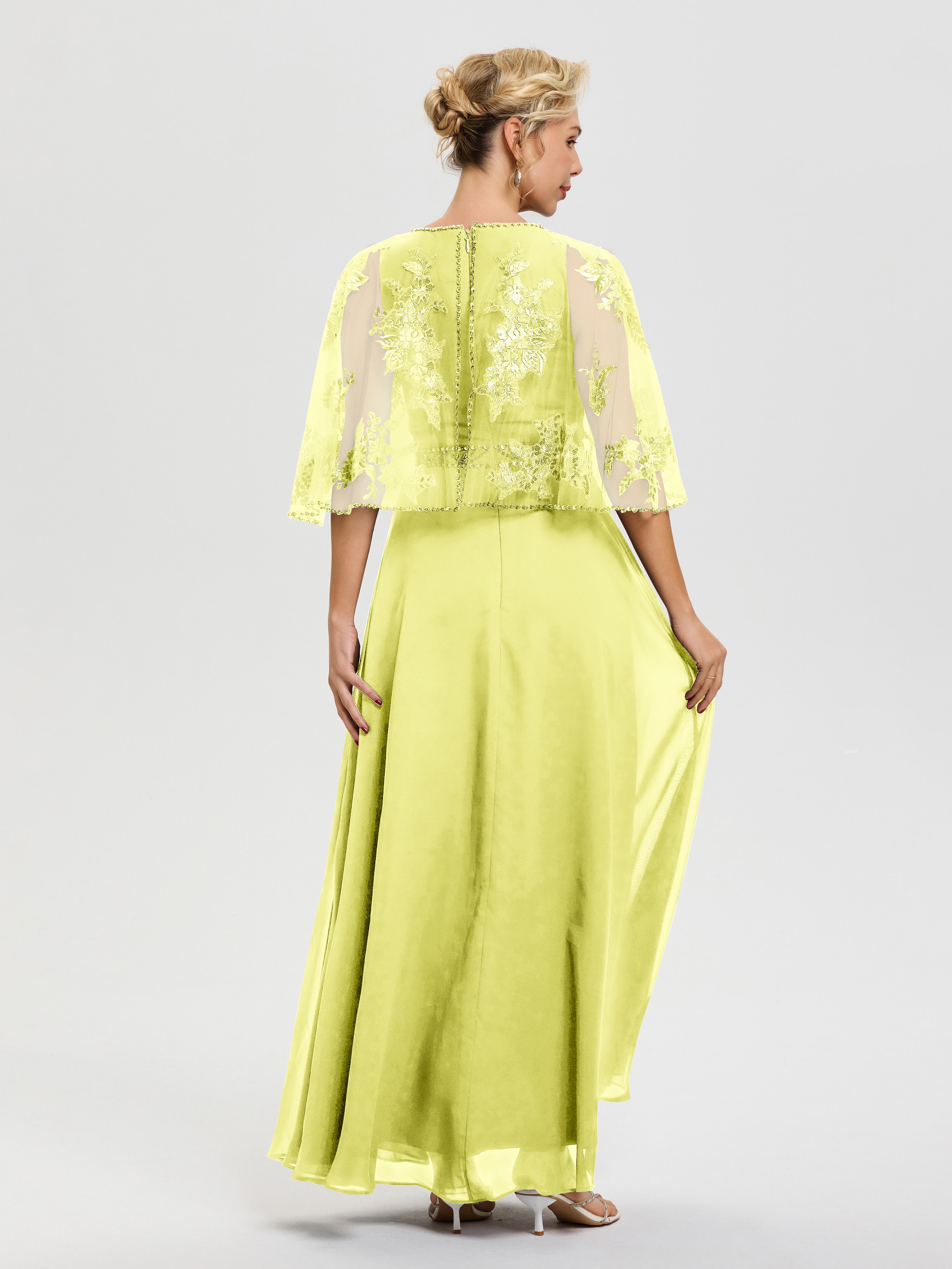 Robe De Mère Du Marié Jonquille Mousseline & Dentelle Col Rond Robe De Cérémonie Mère De La Mariée
