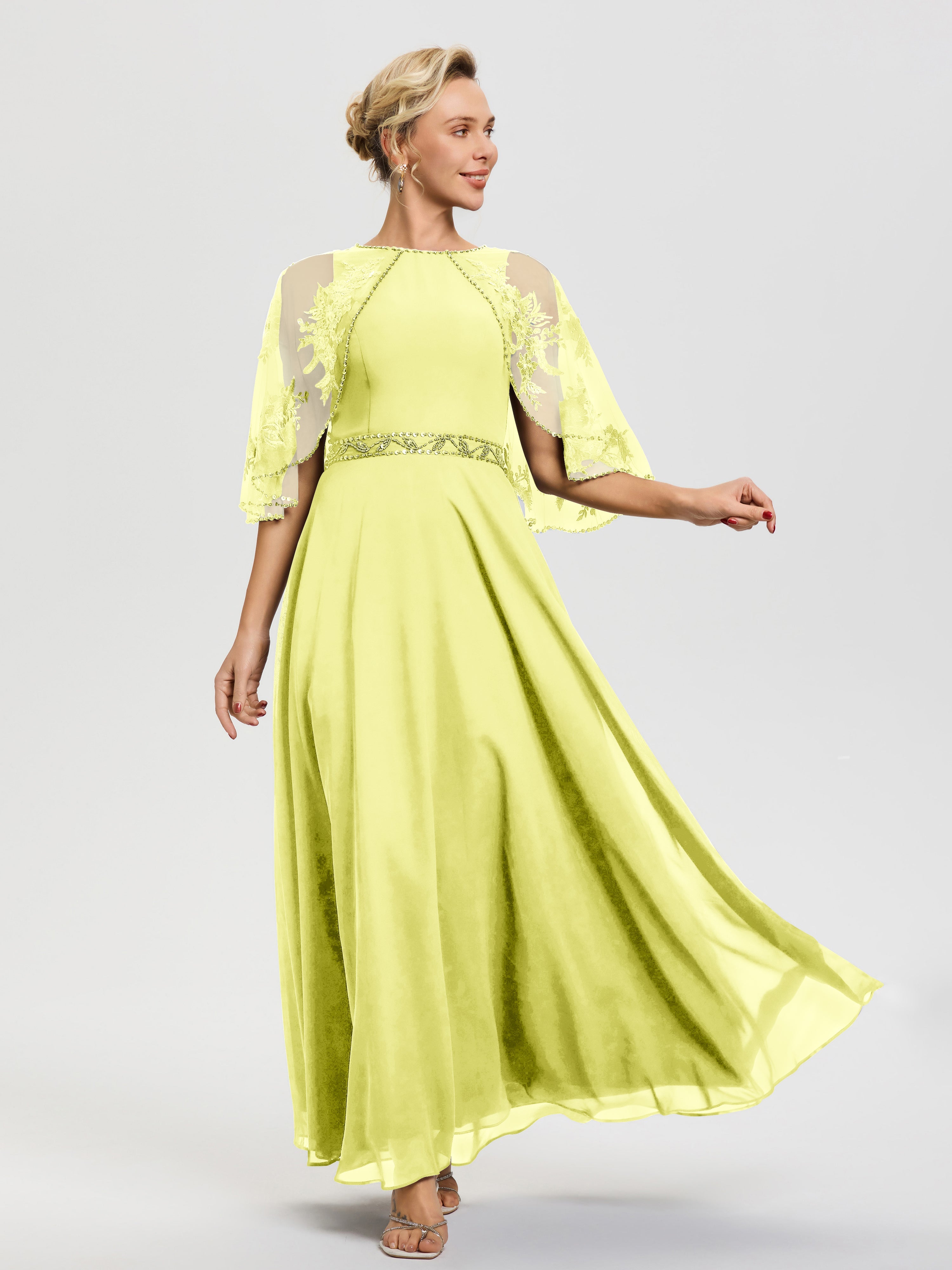 Robe De Mère Du Marié Jonquille Mousseline & Dentelle Col Rond Robe De Cérémonie Mère De La Mariée