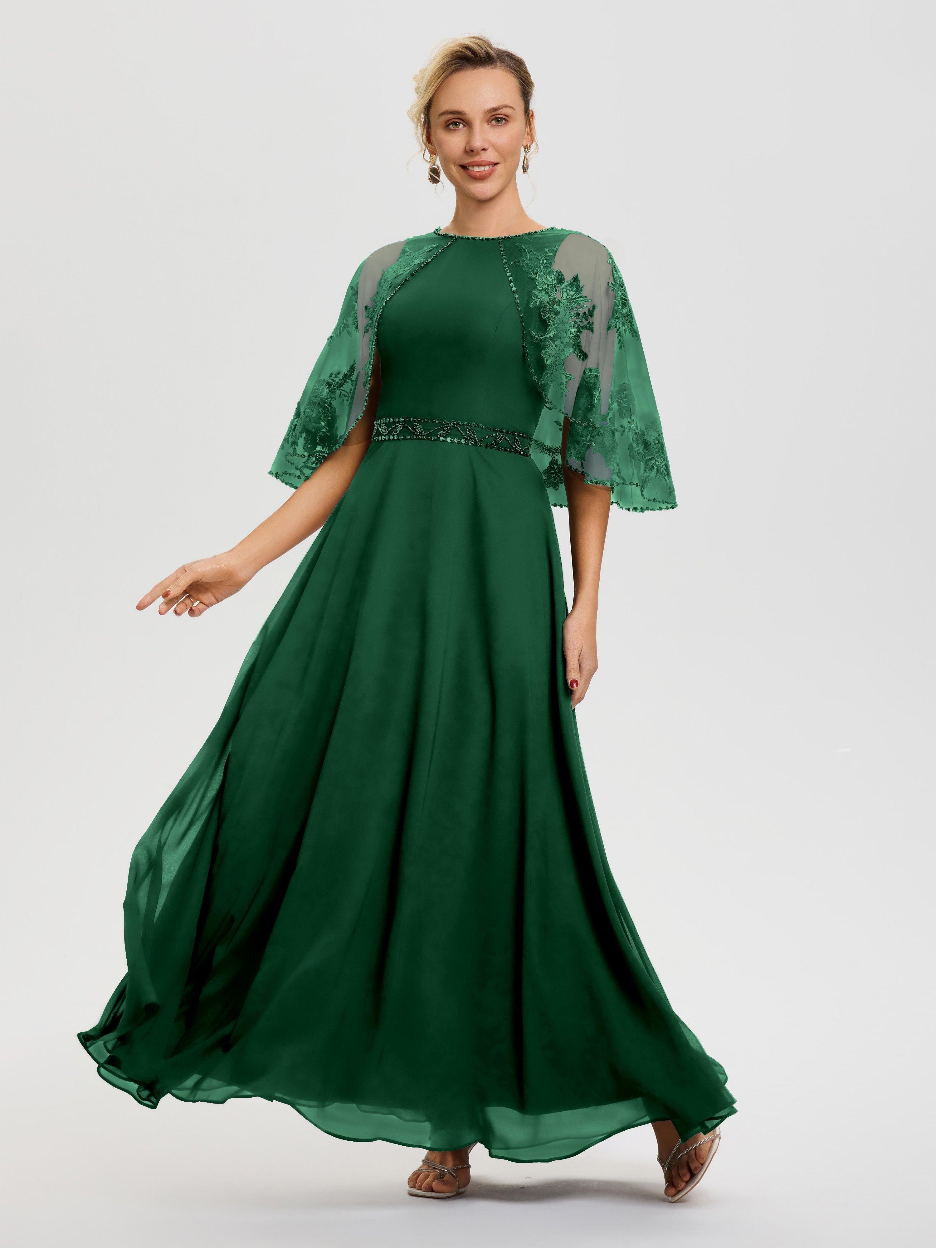 Robe Pour Mariage Mère Du Marié Vert Foncé Mousseline & Dentelle Col Rond Robe De Cérémonie Mère De La Mariée