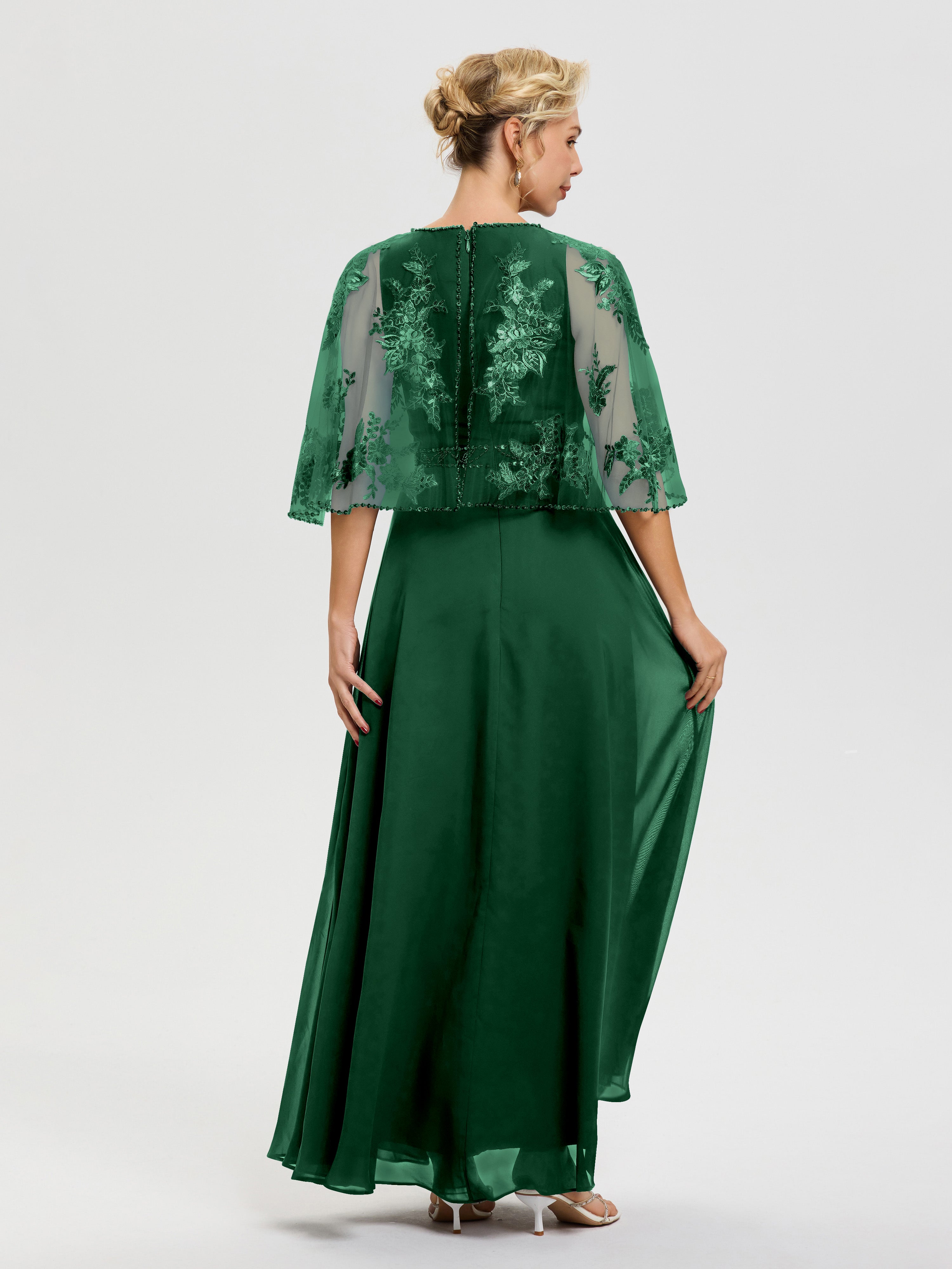 Robe Pour Mariage Mère Du Marié Vert Foncé Mousseline & Dentelle Col Rond Robe De Cérémonie Mère De La Mariée
