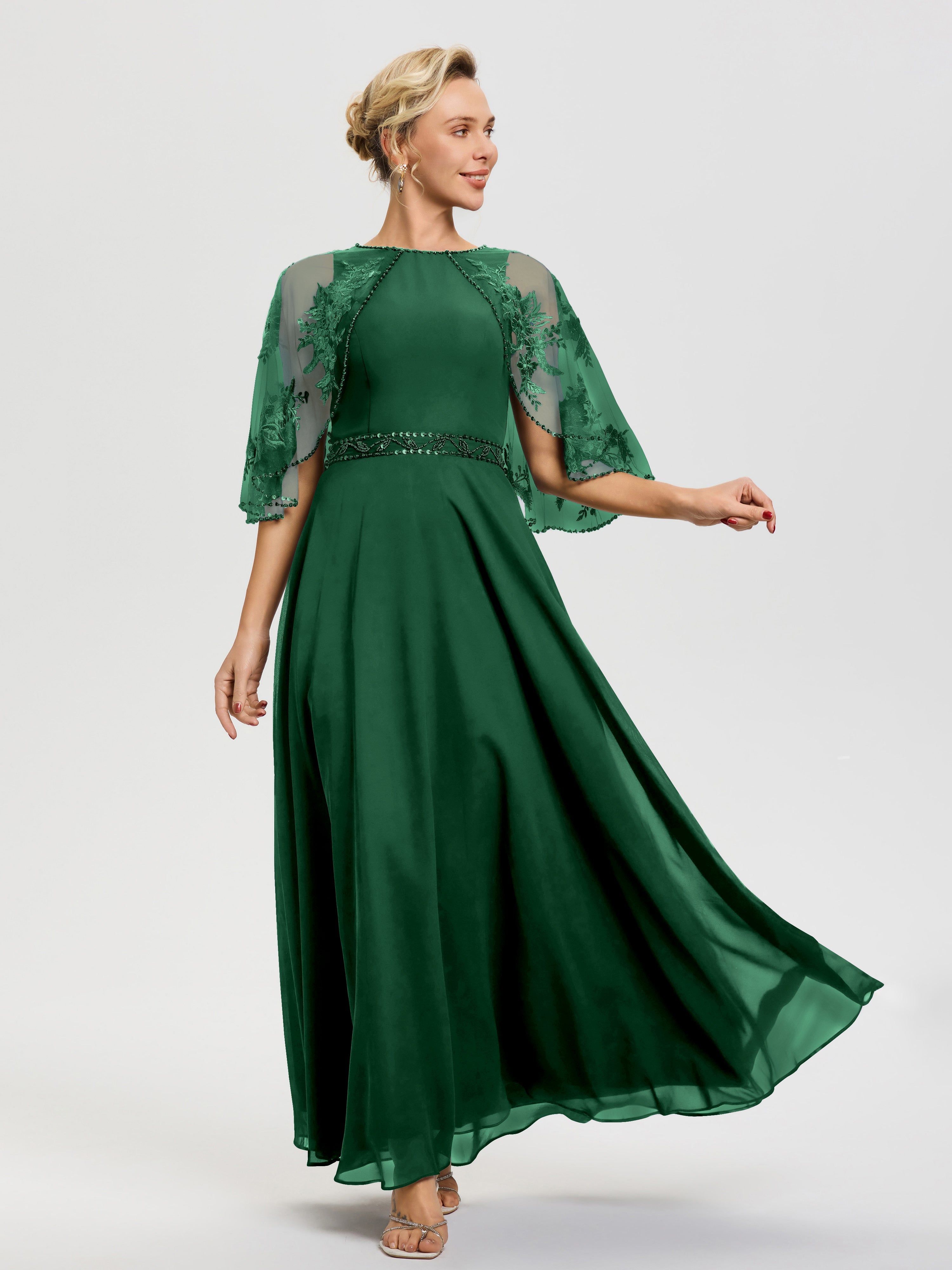 Robe Pour Mariage Mère Du Marié Vert Foncé Mousseline & Dentelle Col Rond Robe De Cérémonie Mère De La Mariée