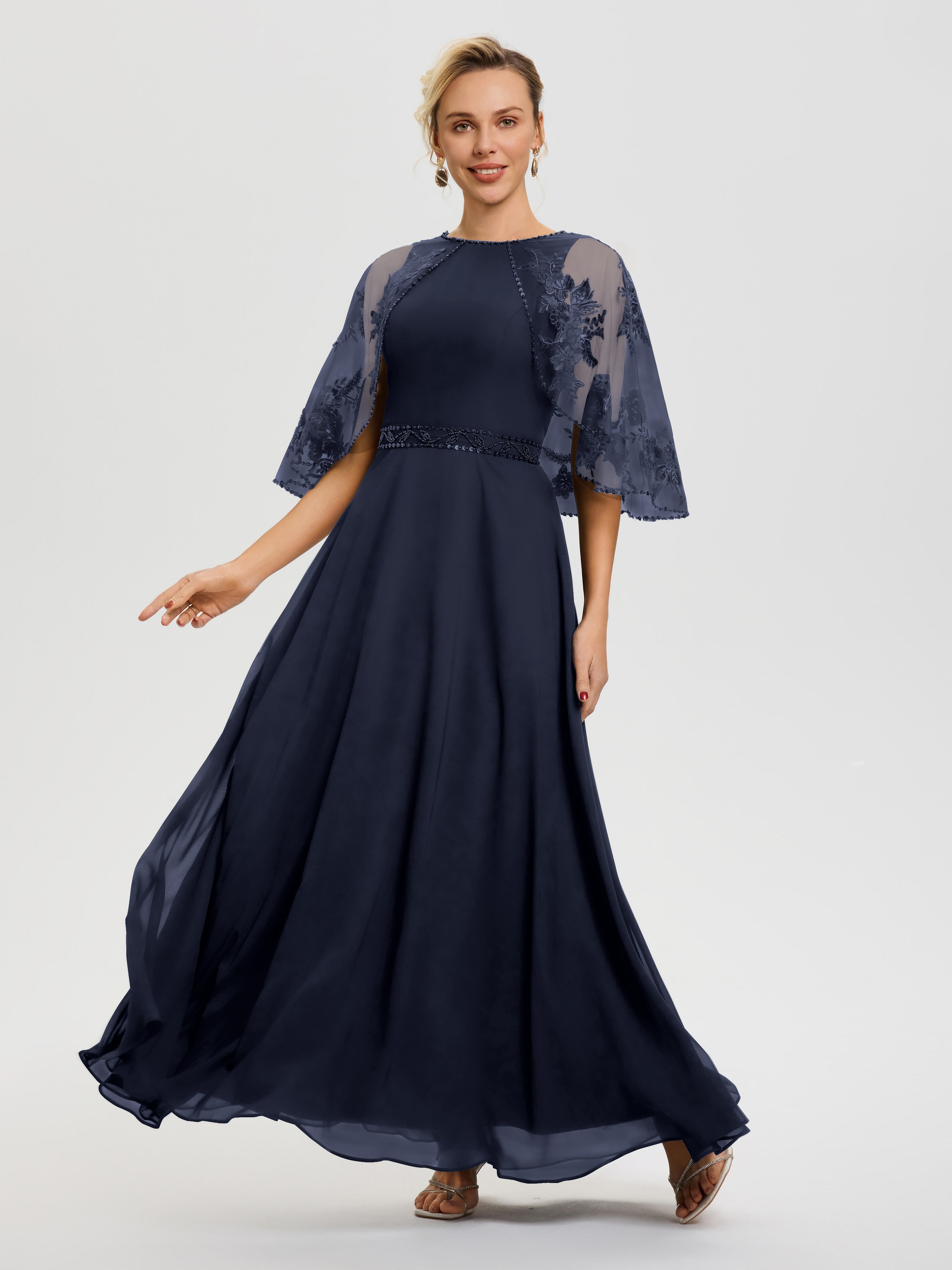 Robe Bleu Marine Mere De La Mariee Mousseline & Dentelle Col Rond Robe De Cérémonie Mère De La Mariée