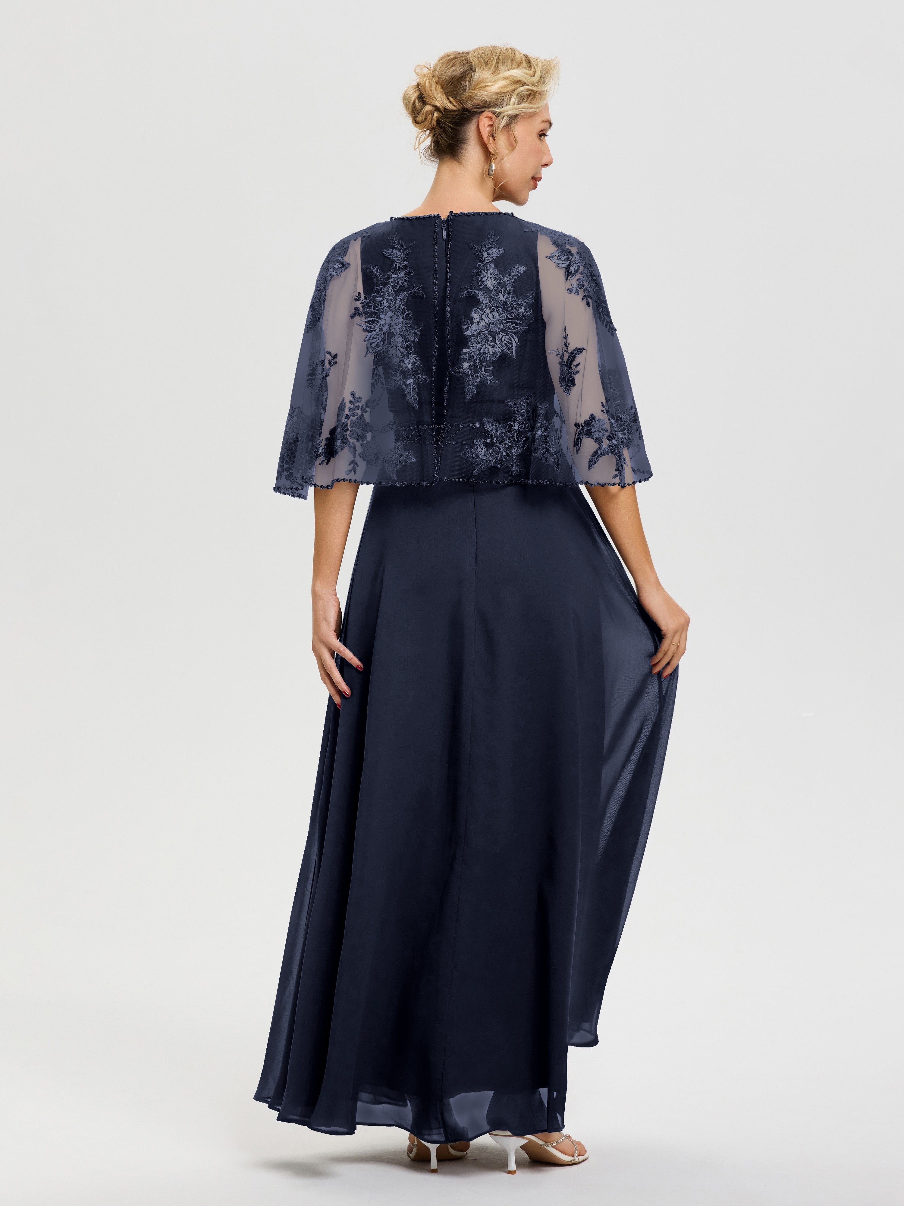 Robe Bleu Marine Mere De La Mariee Mousseline & Dentelle Col Rond Robe De Cérémonie Mère De La Mariée