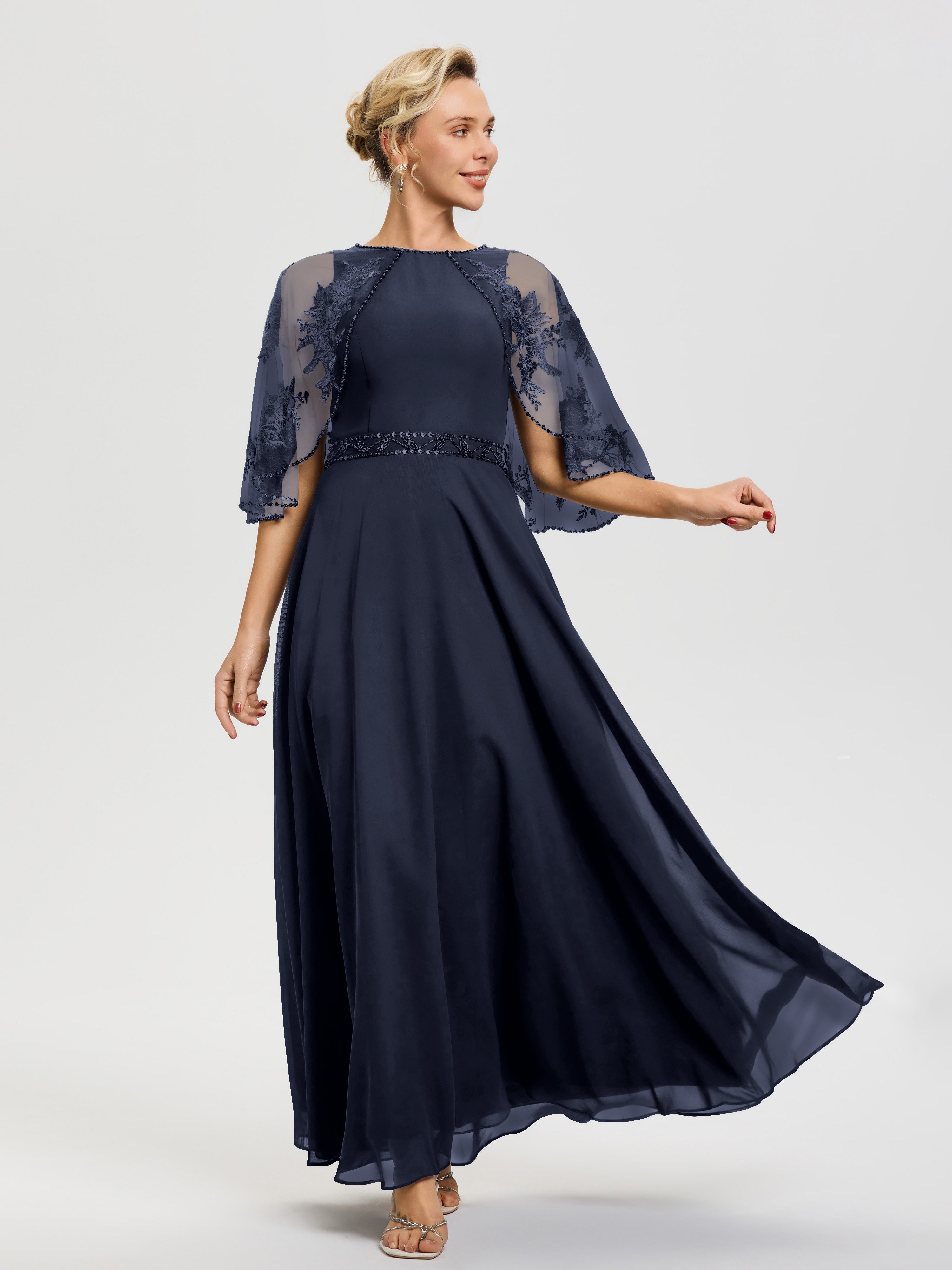 Robe Bleu Marine Mere De La Mariee Mousseline & Dentelle Col Rond Robe De Cérémonie Mère De La Mariée
