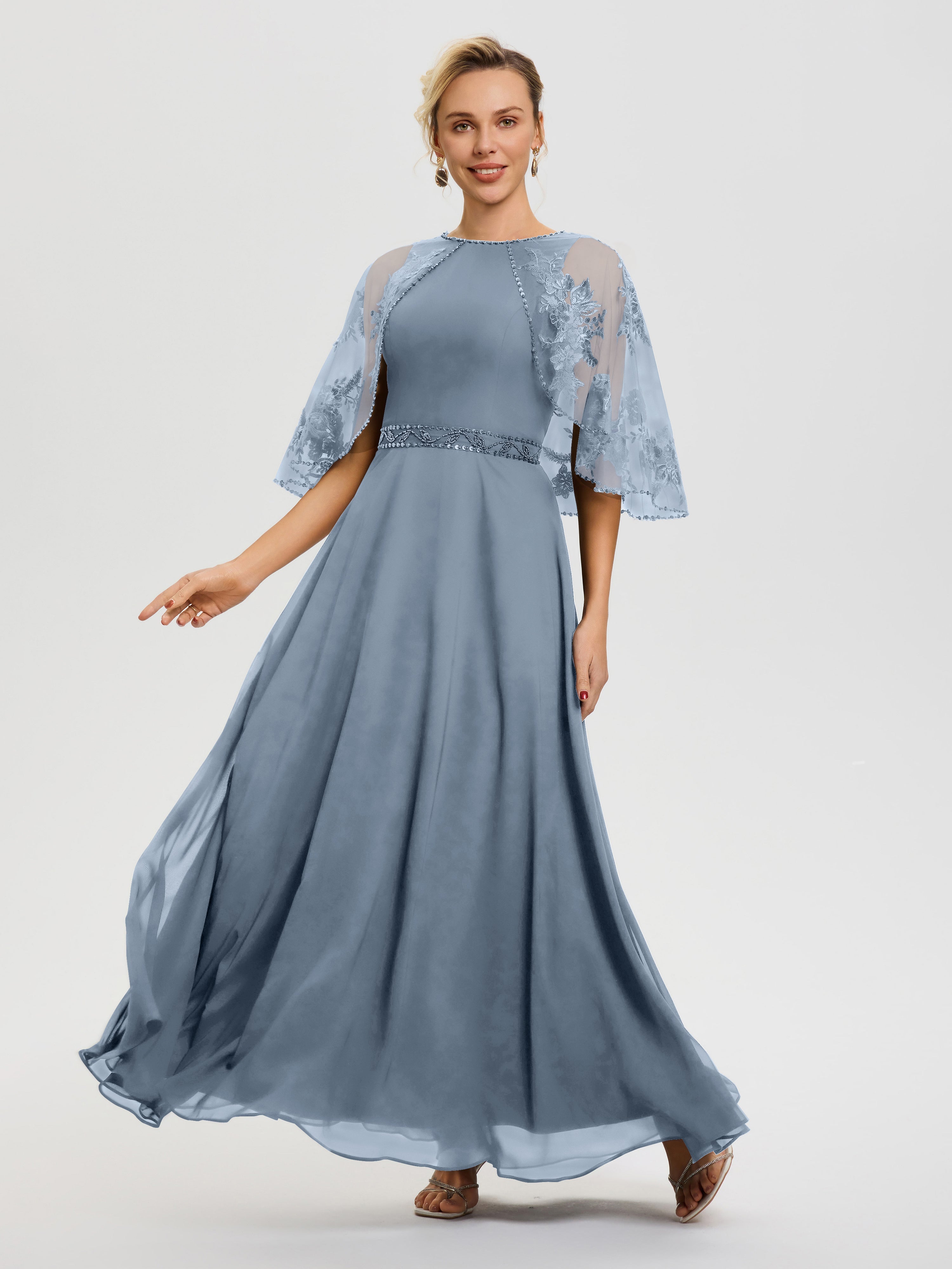 Robe Mère Du Marié Bleu Poudré Mousseline & Dentelle Col Rond Robe De Cérémonie Mère De La Mariée