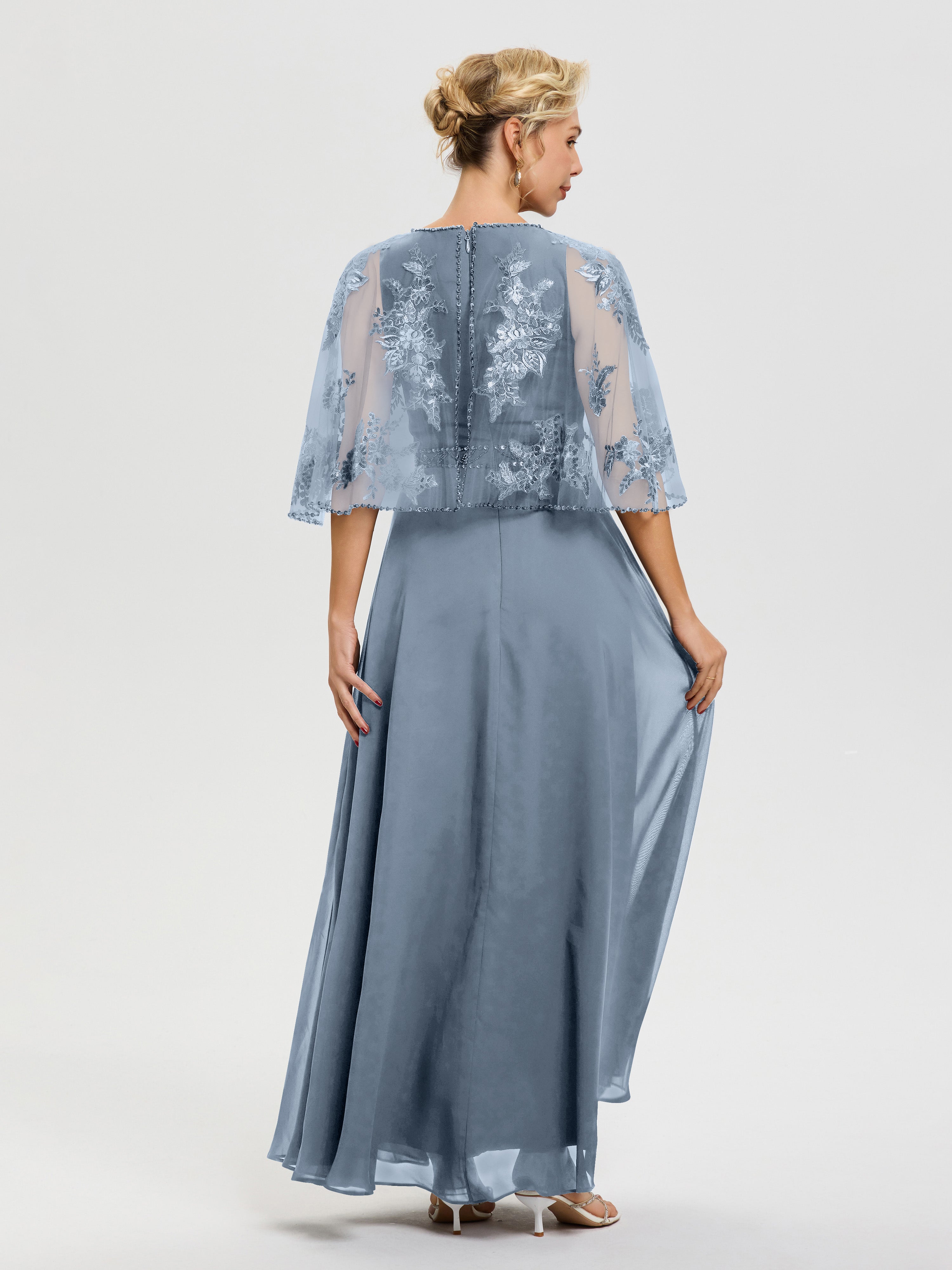 Robe Mère Du Marié Bleu Poudré Mousseline & Dentelle Col Rond Robe De Cérémonie Mère De La Mariée