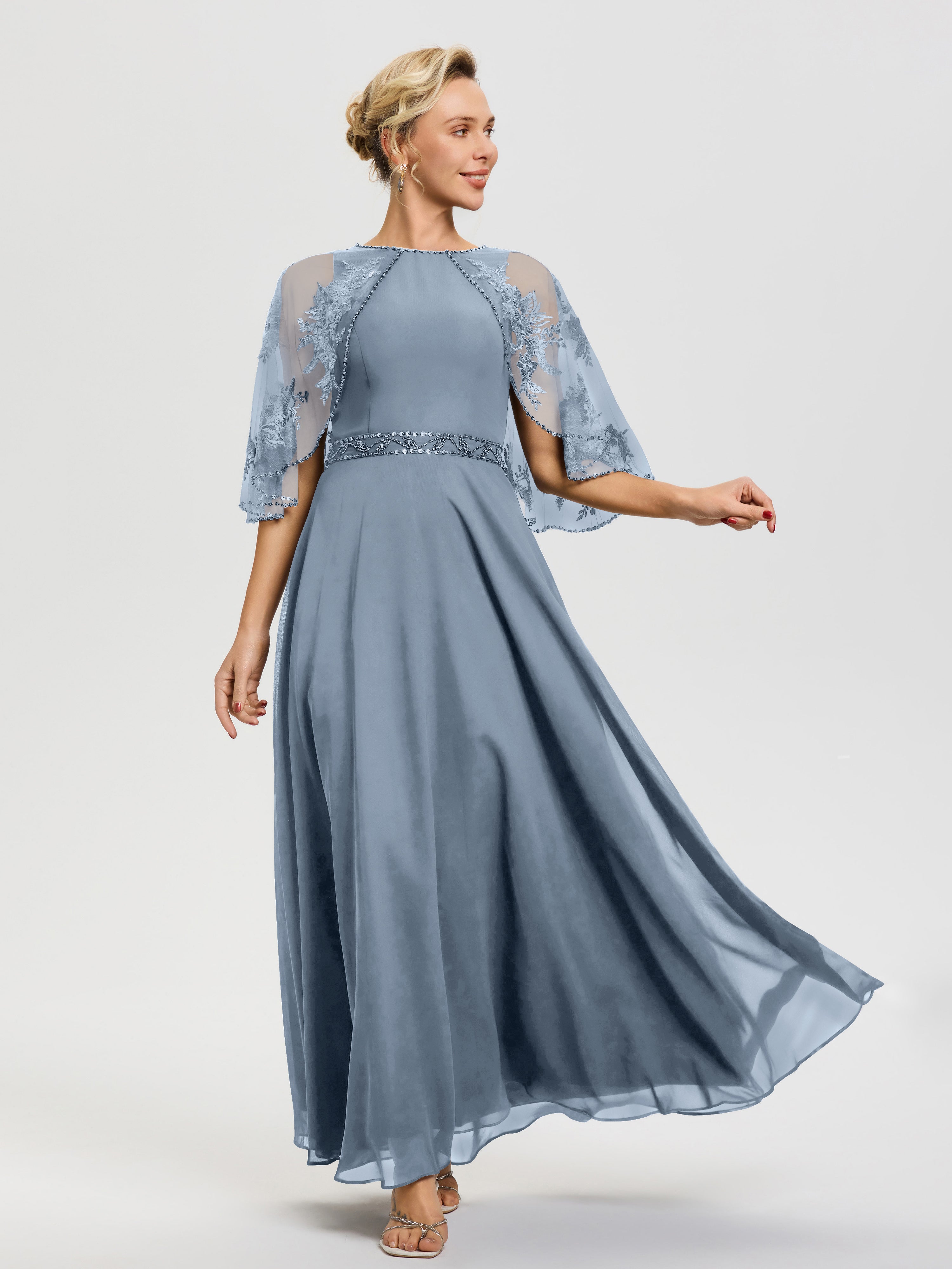 Robe Mère Du Marié Bleu Poudré Mousseline & Dentelle Col Rond Robe De Cérémonie Mère De La Mariée