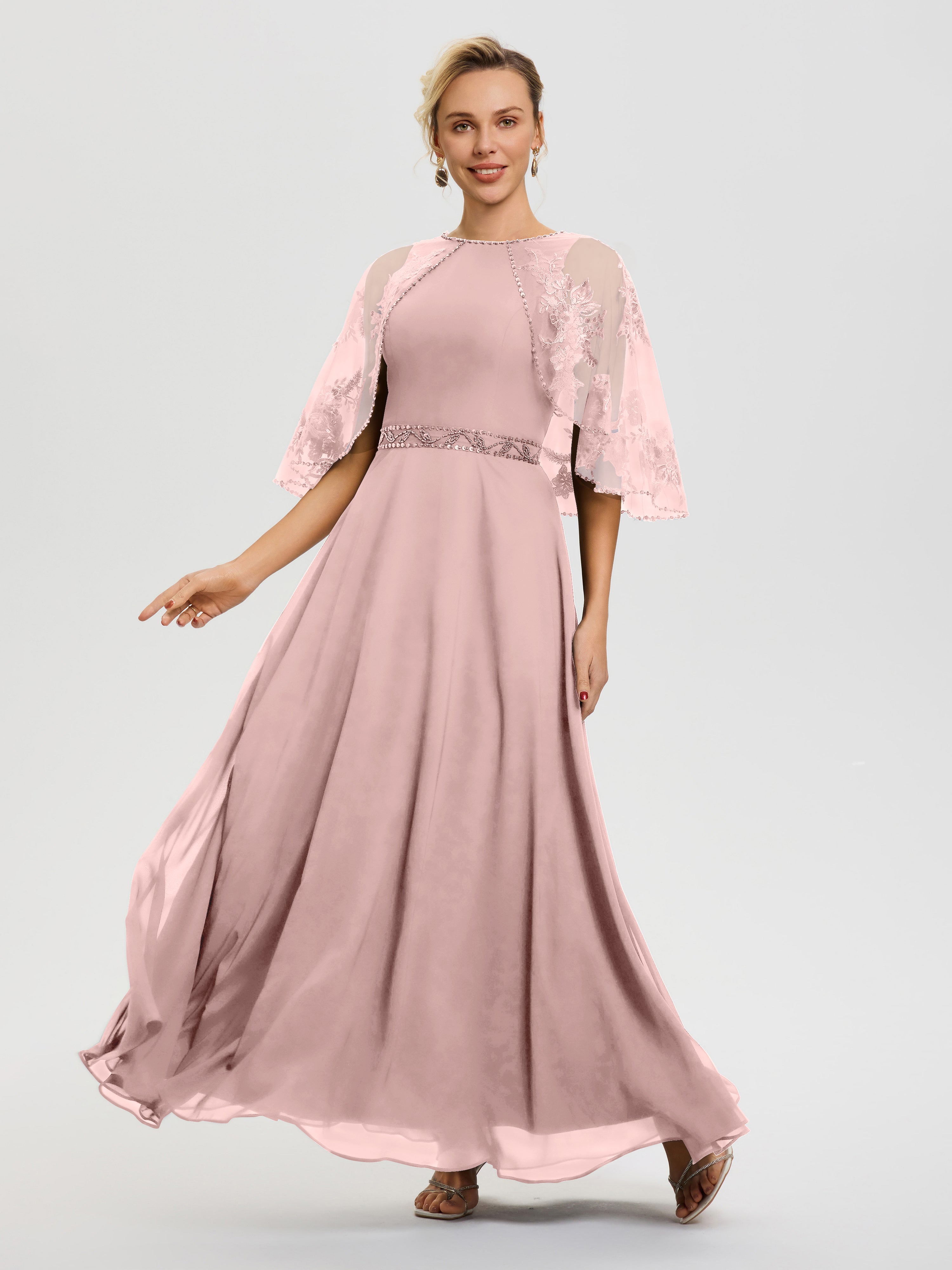 Robe Mere Dela Mariee Rose Poudré Mousseline & Dentelle Col Rond Robe De Cérémonie Mère De La Mariée