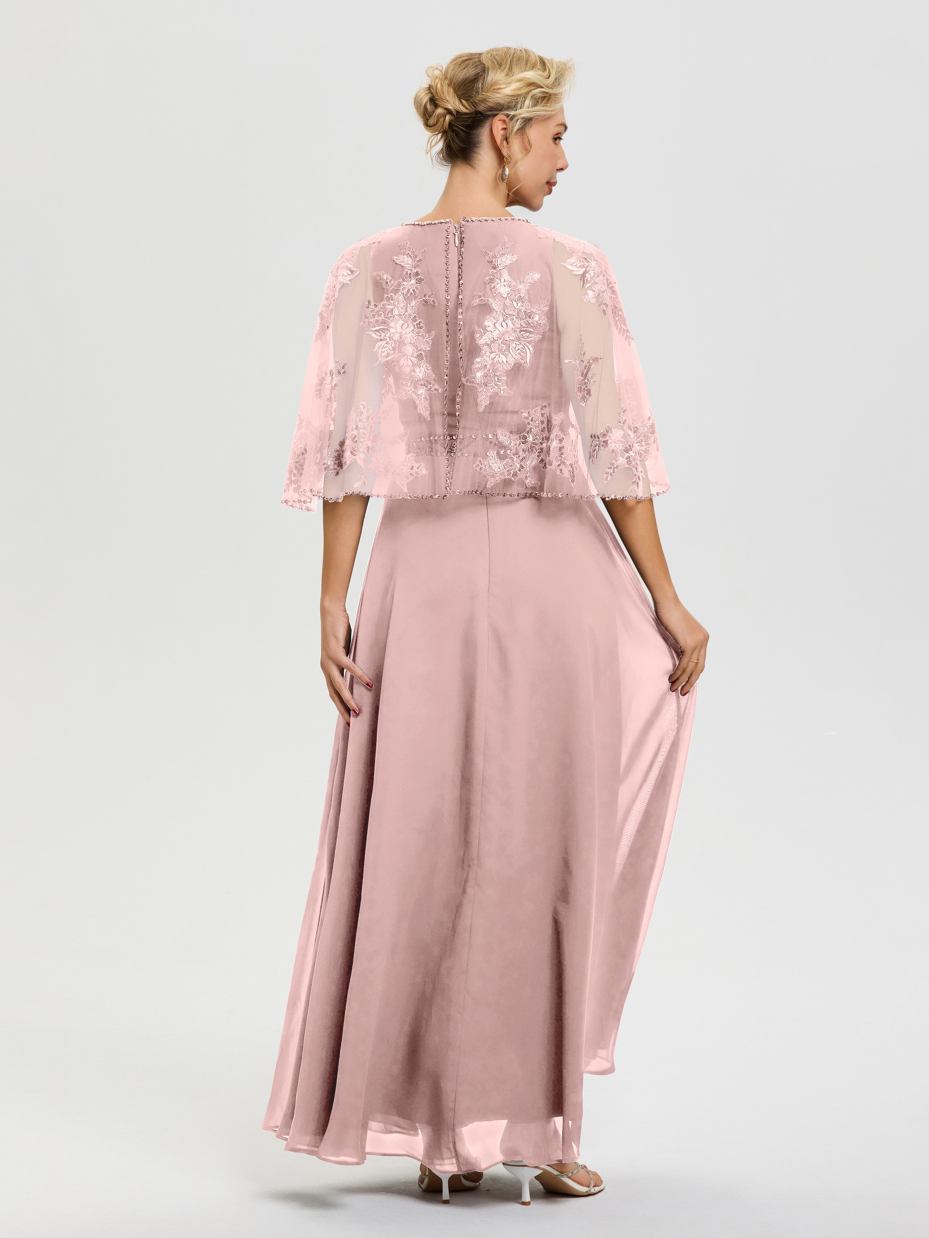 Robe Mere Dela Mariee Rose Poudré Mousseline & Dentelle Col Rond Robe De Cérémonie Mère De La Mariée
