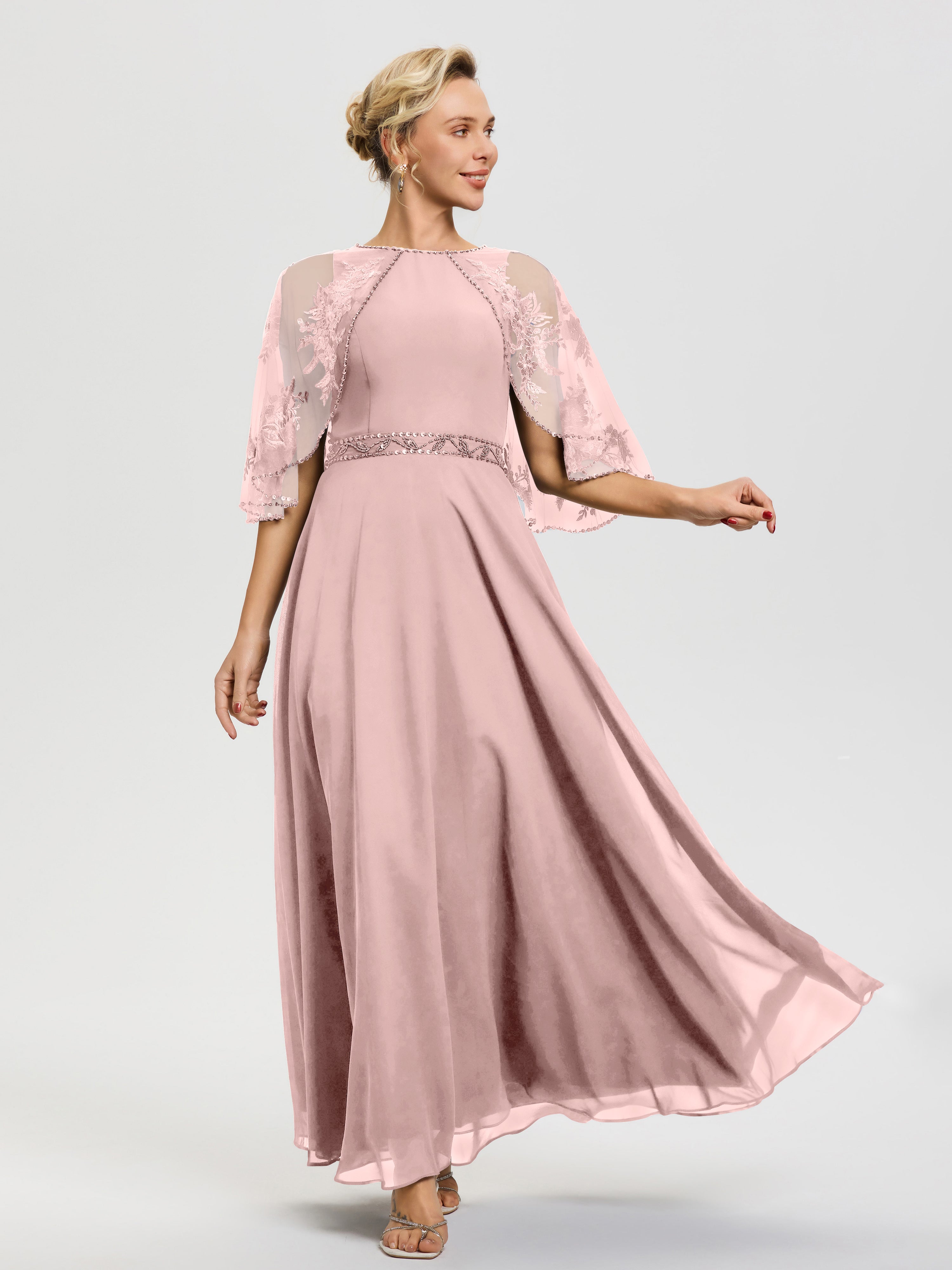 Robe Mere Dela Mariee Rose Poudré Mousseline & Dentelle Col Rond Robe De Cérémonie Mère De La Mariée