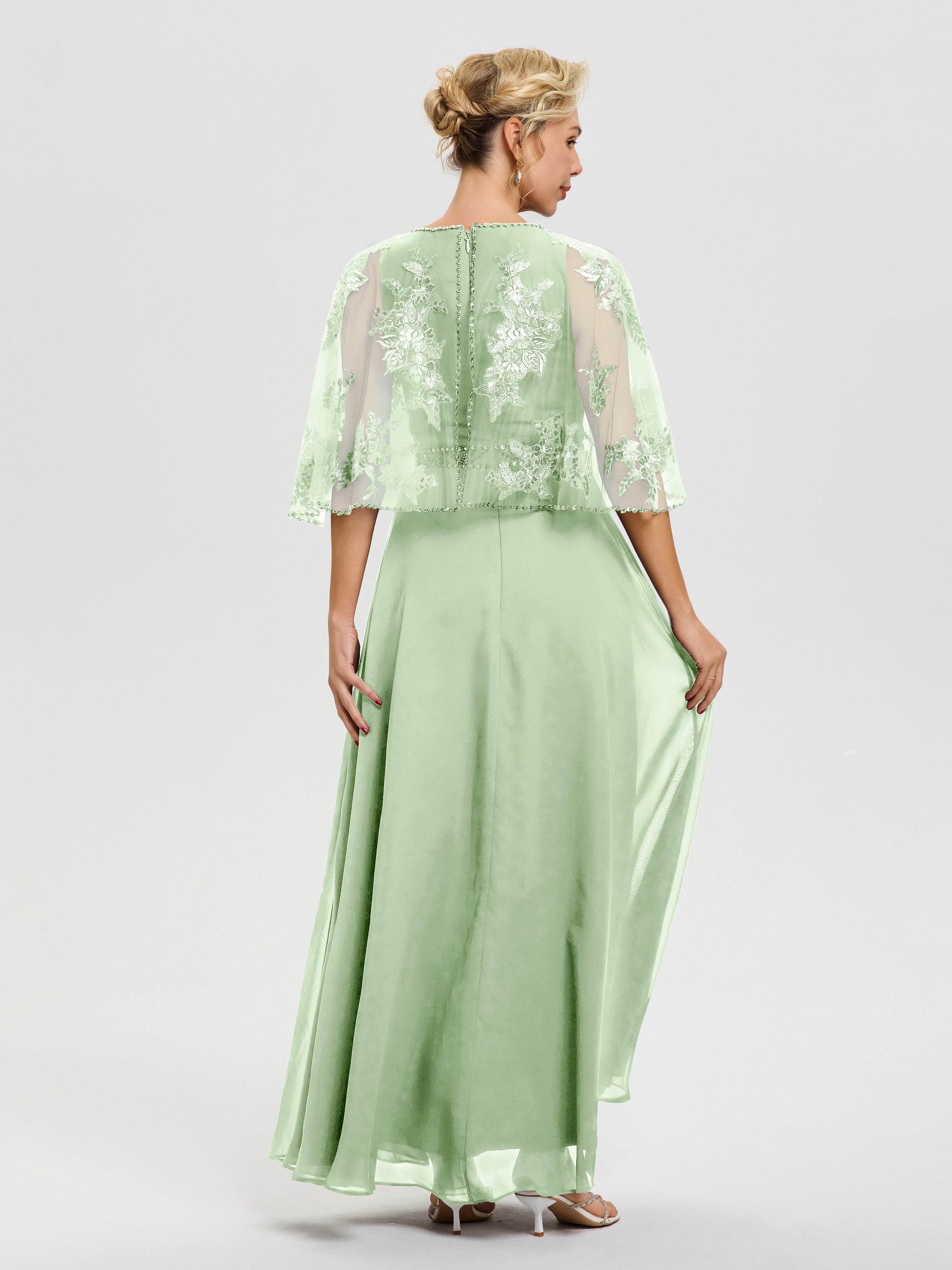 Robe Pour Mariage Mère Du Marié Sauge Poudrée Mousseline & Dentelle Col Rond Robe De Cérémonie Mère De La Mariée