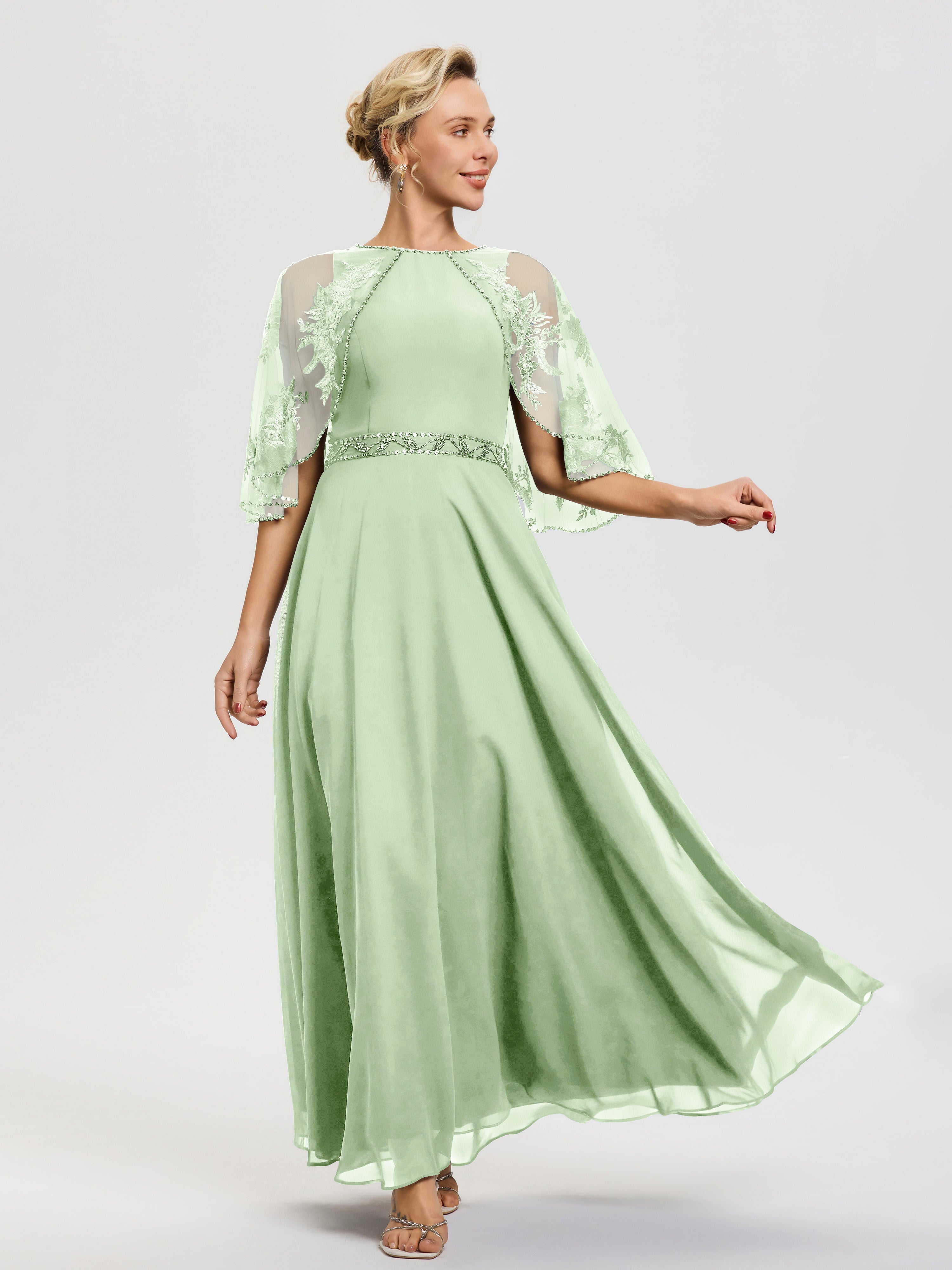 Robe Pour Mariage Mère Du Marié Sauge Poudrée Mousseline & Dentelle Col Rond Robe De Cérémonie Mère De La Mariée