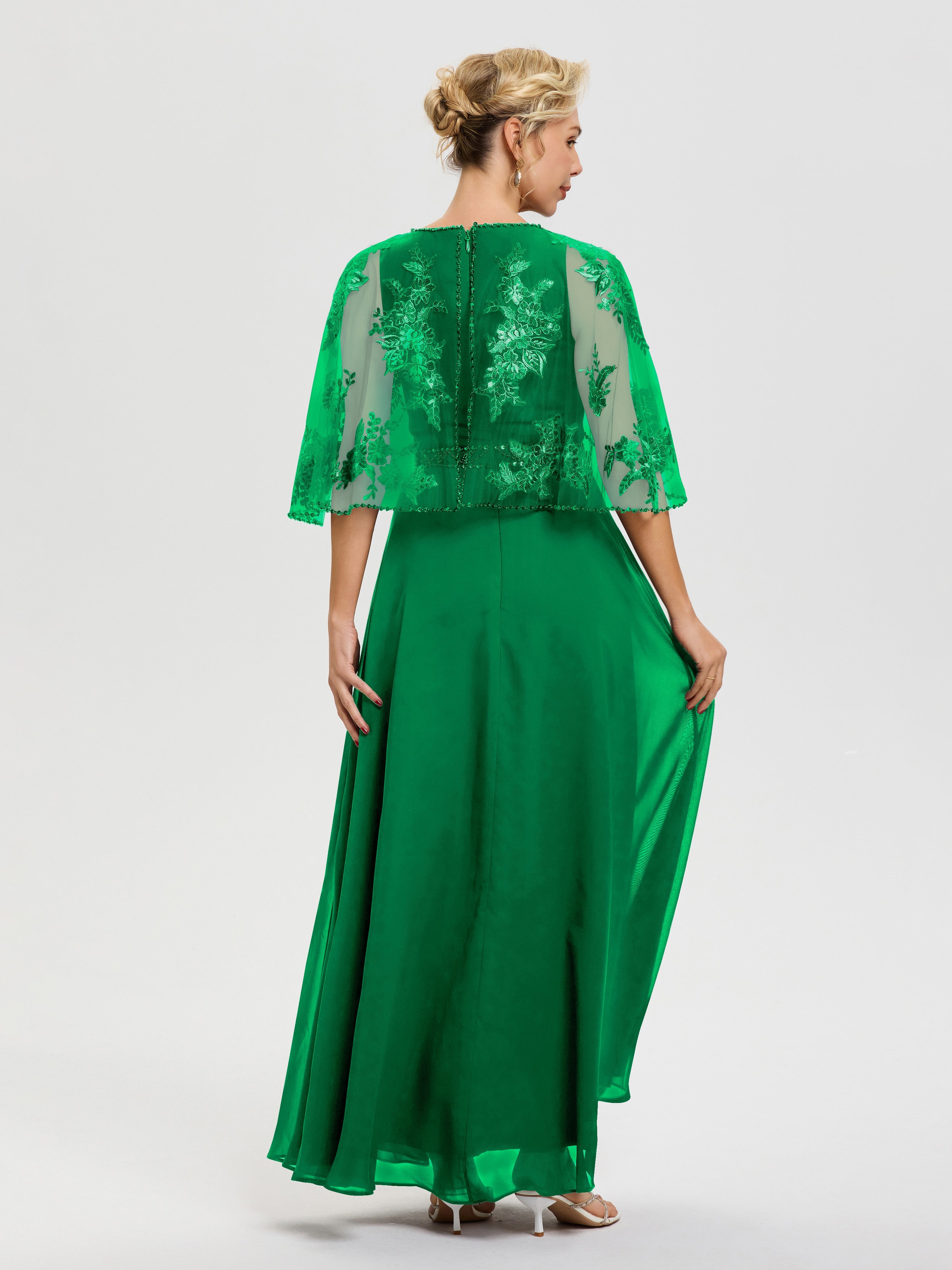 Robe De Mère De La Mariée Emeraude Mousseline & Dentelle Col Rond Robe De Cérémonie Mère De La Mariée