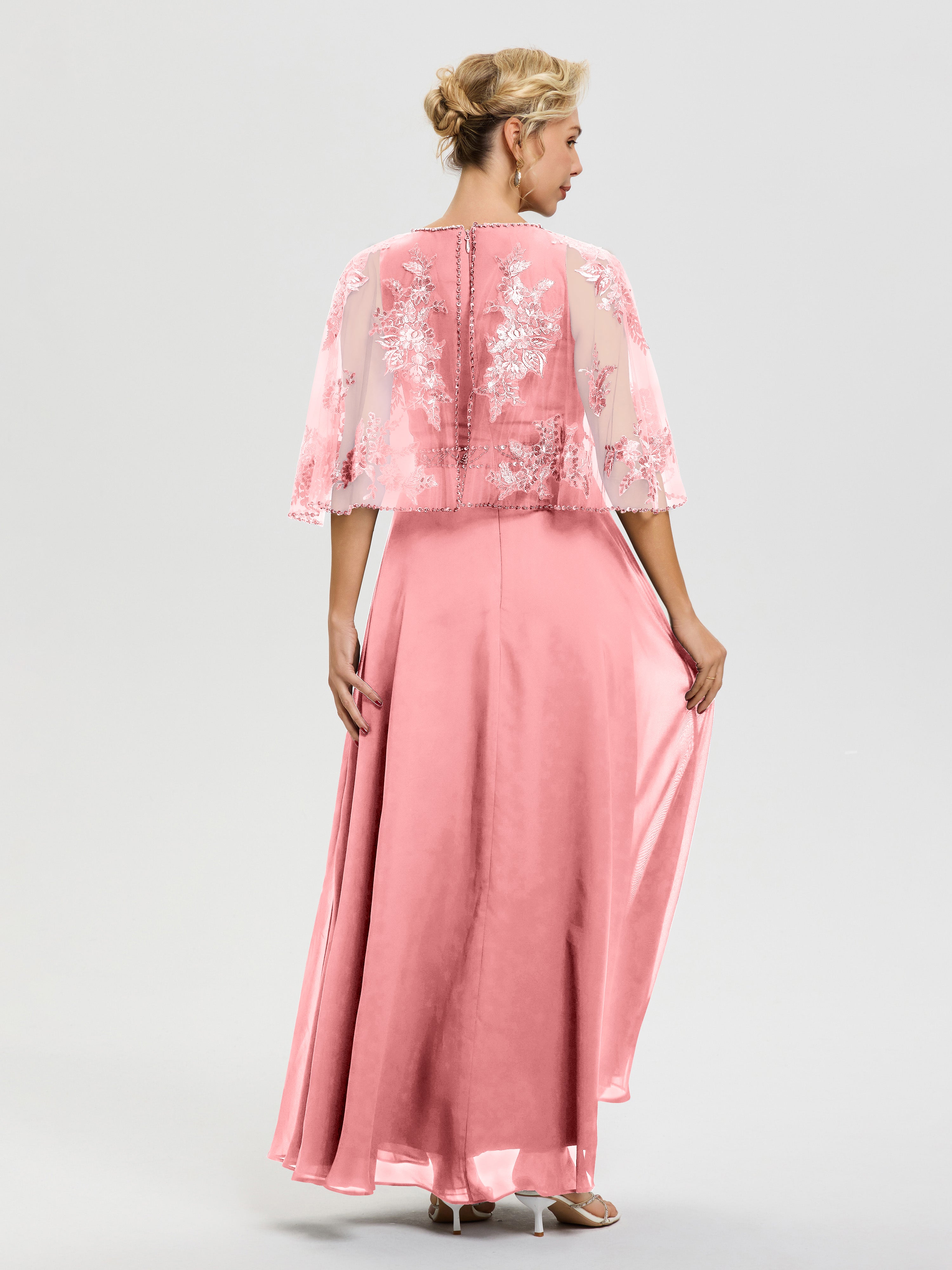 Robe De Mère De La Mariée Flamant Mousseline & Dentelle Col Rond Robe De Cérémonie Mère De La Mariée