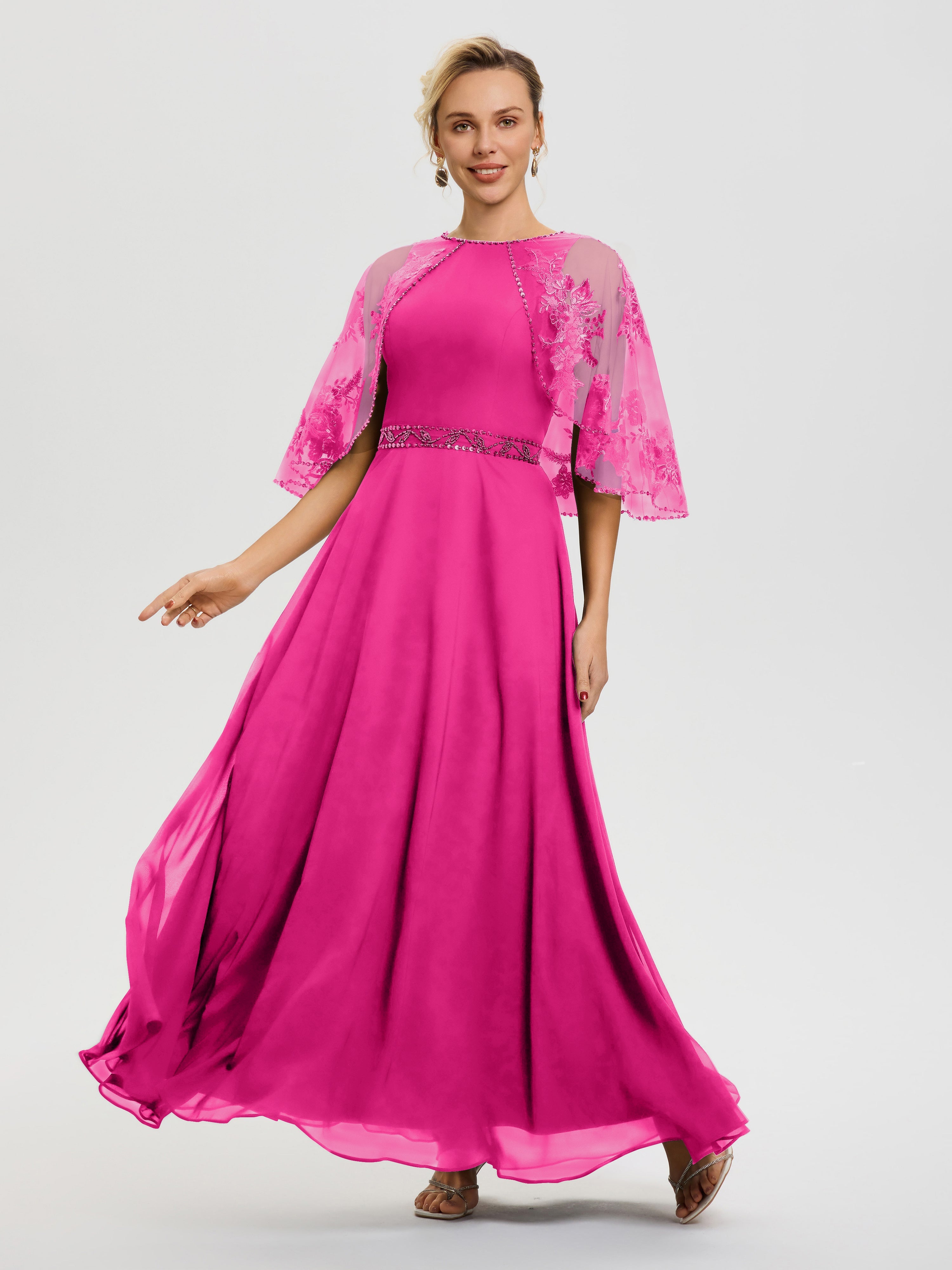 Robe Mère Du Marié Fuchsia Mousseline & Dentelle Col Rond Robe De Cérémonie Mère De La Mariée