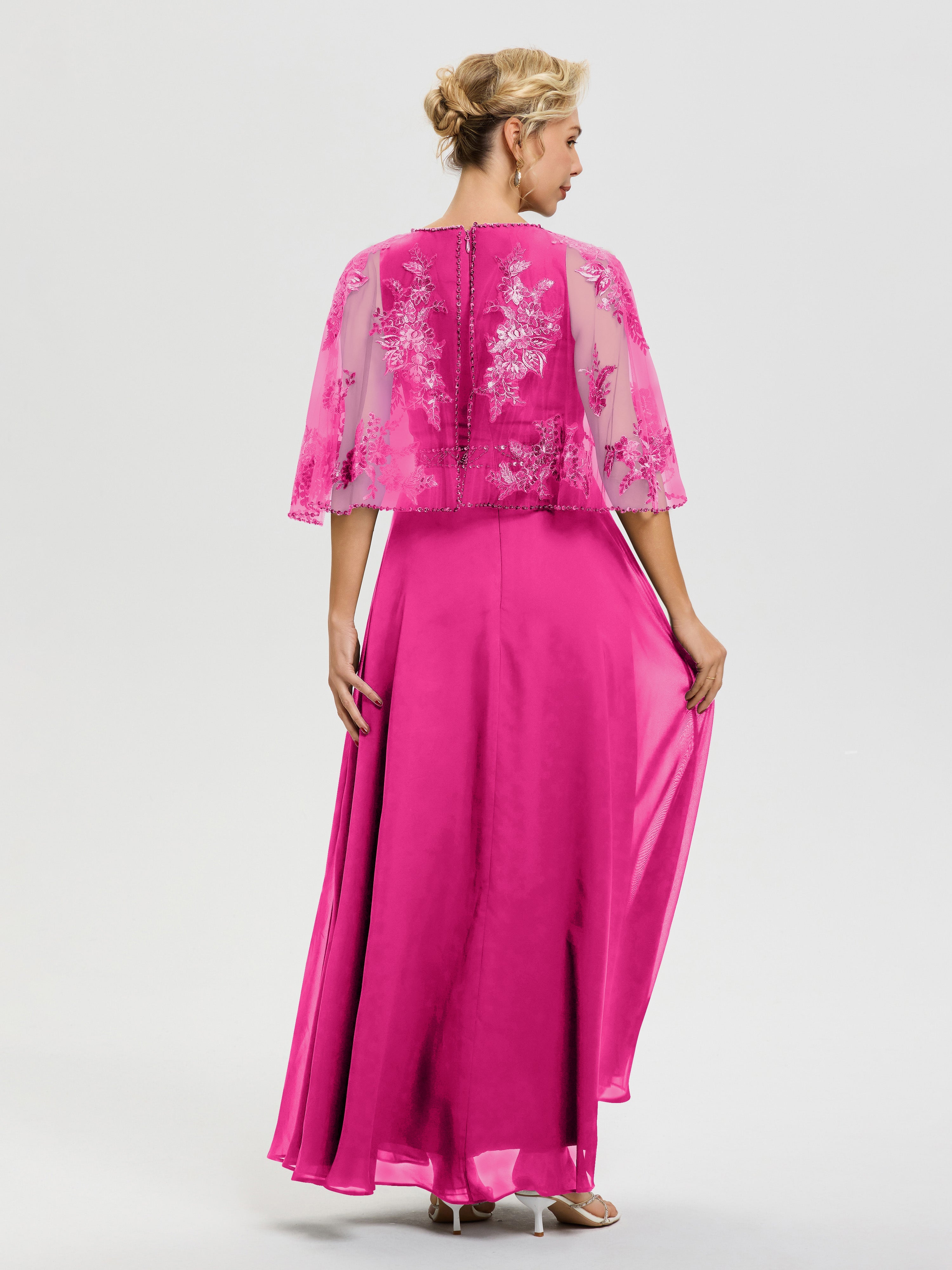 Robe Mère Du Marié Fuchsia Mousseline & Dentelle Col Rond Robe De Cérémonie Mère De La Mariée