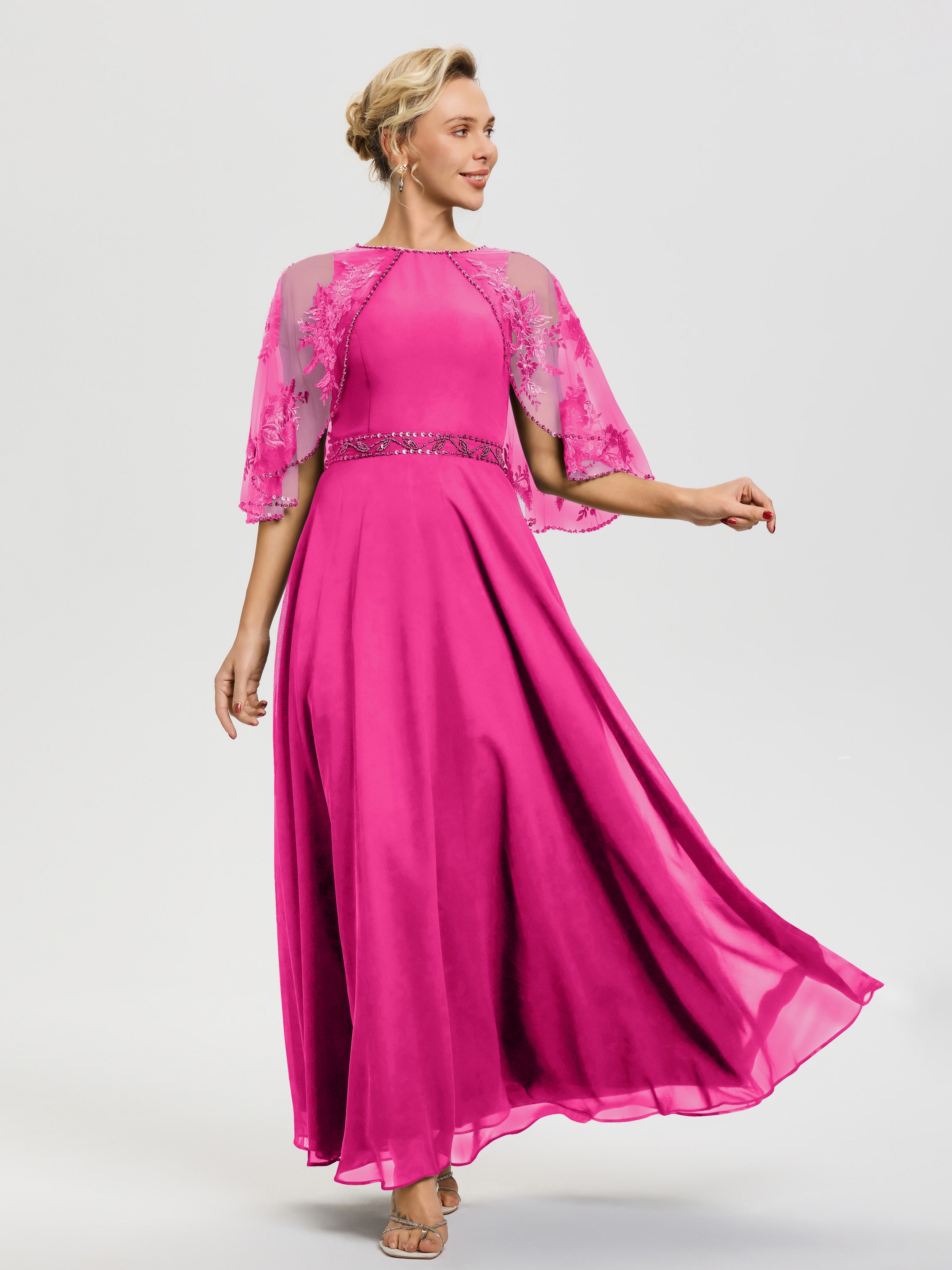 Robe Mère Du Marié Fuchsia Mousseline & Dentelle Col Rond Robe De Cérémonie Mère De La Mariée
