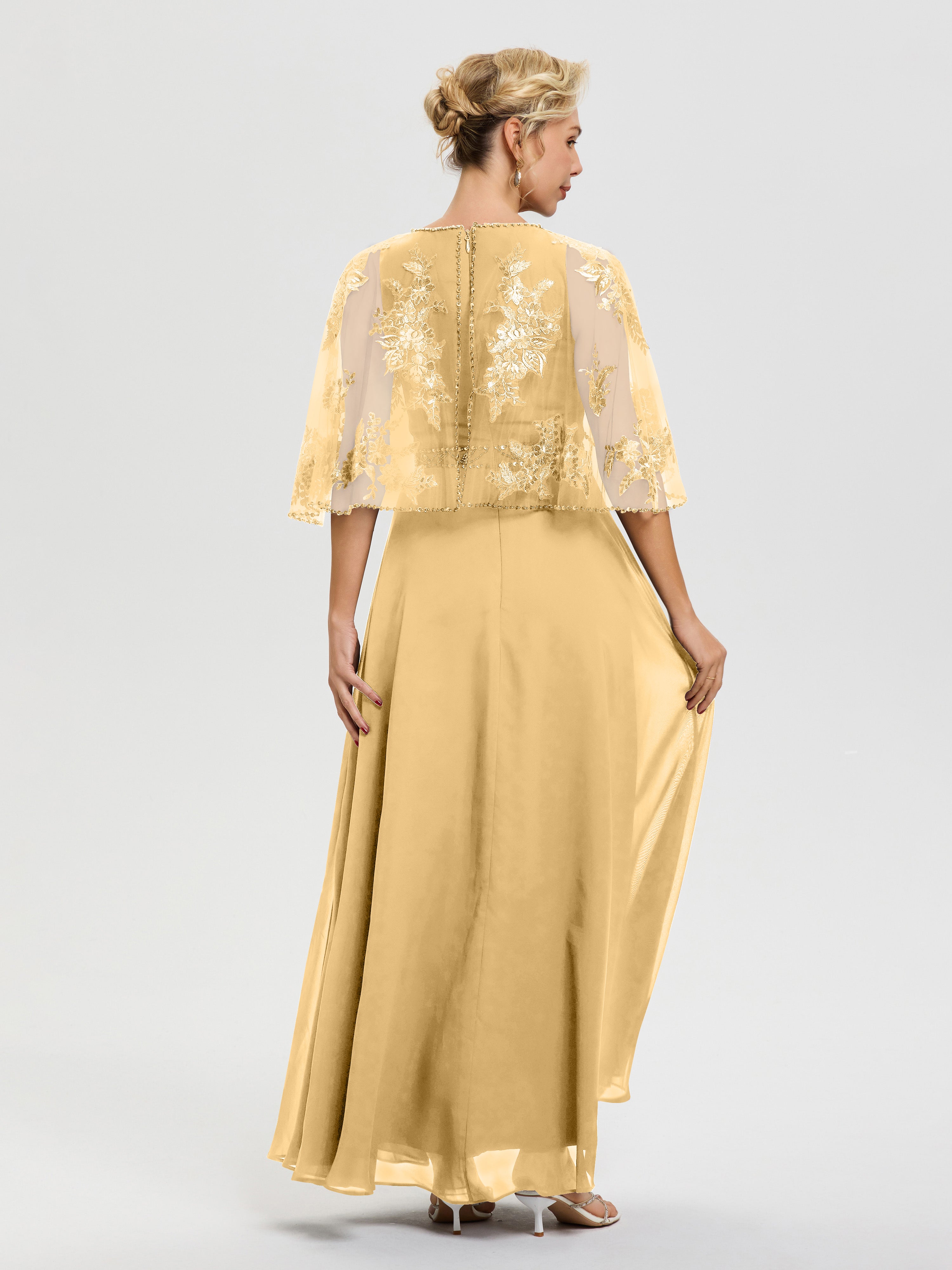 Robe De Mère Du Marié Or Mousseline & Dentelle Col Rond Robe De Cérémonie Mère De La Mariée
