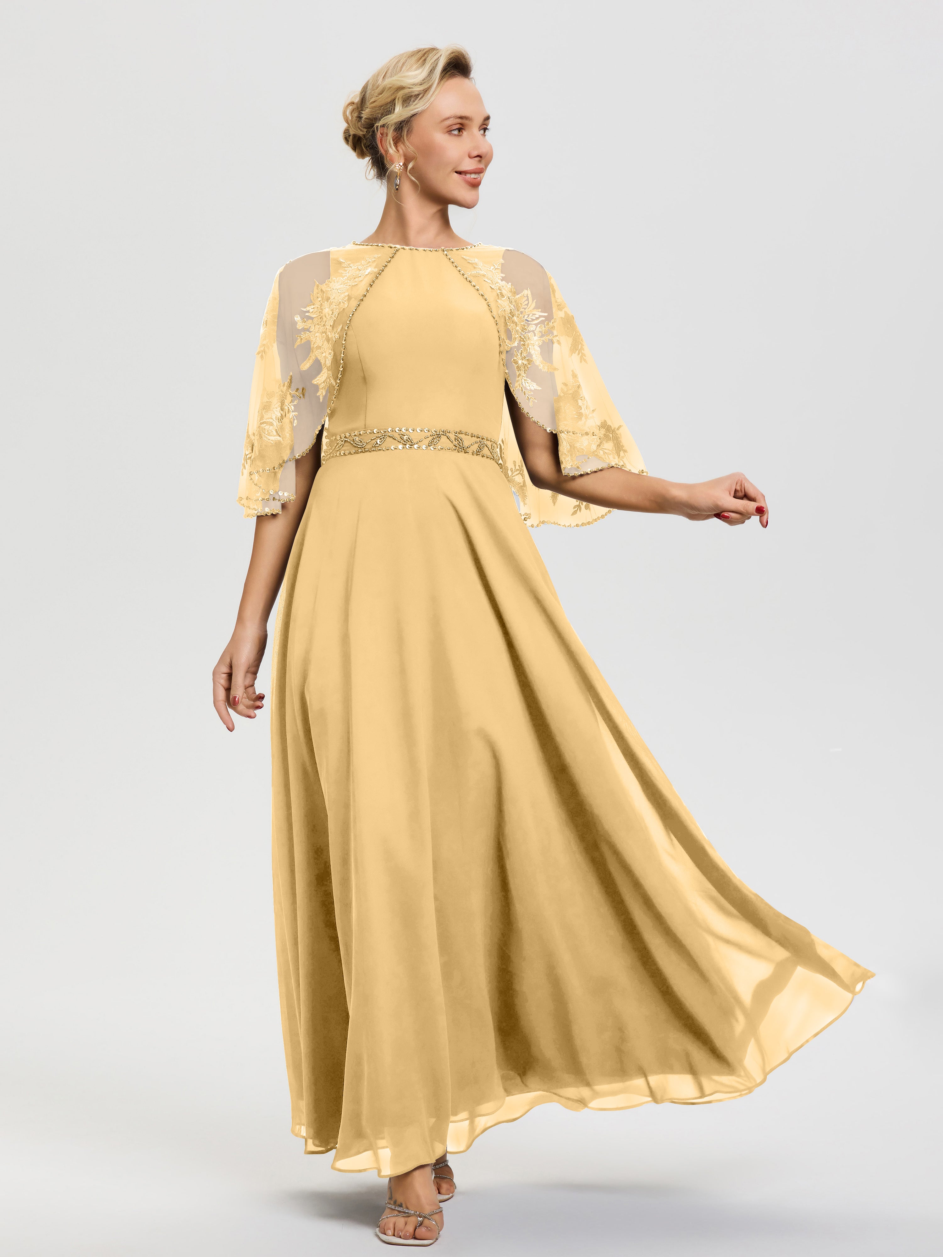 Robe De Mère Du Marié Or Mousseline & Dentelle Col Rond Robe De Cérémonie Mère De La Mariée