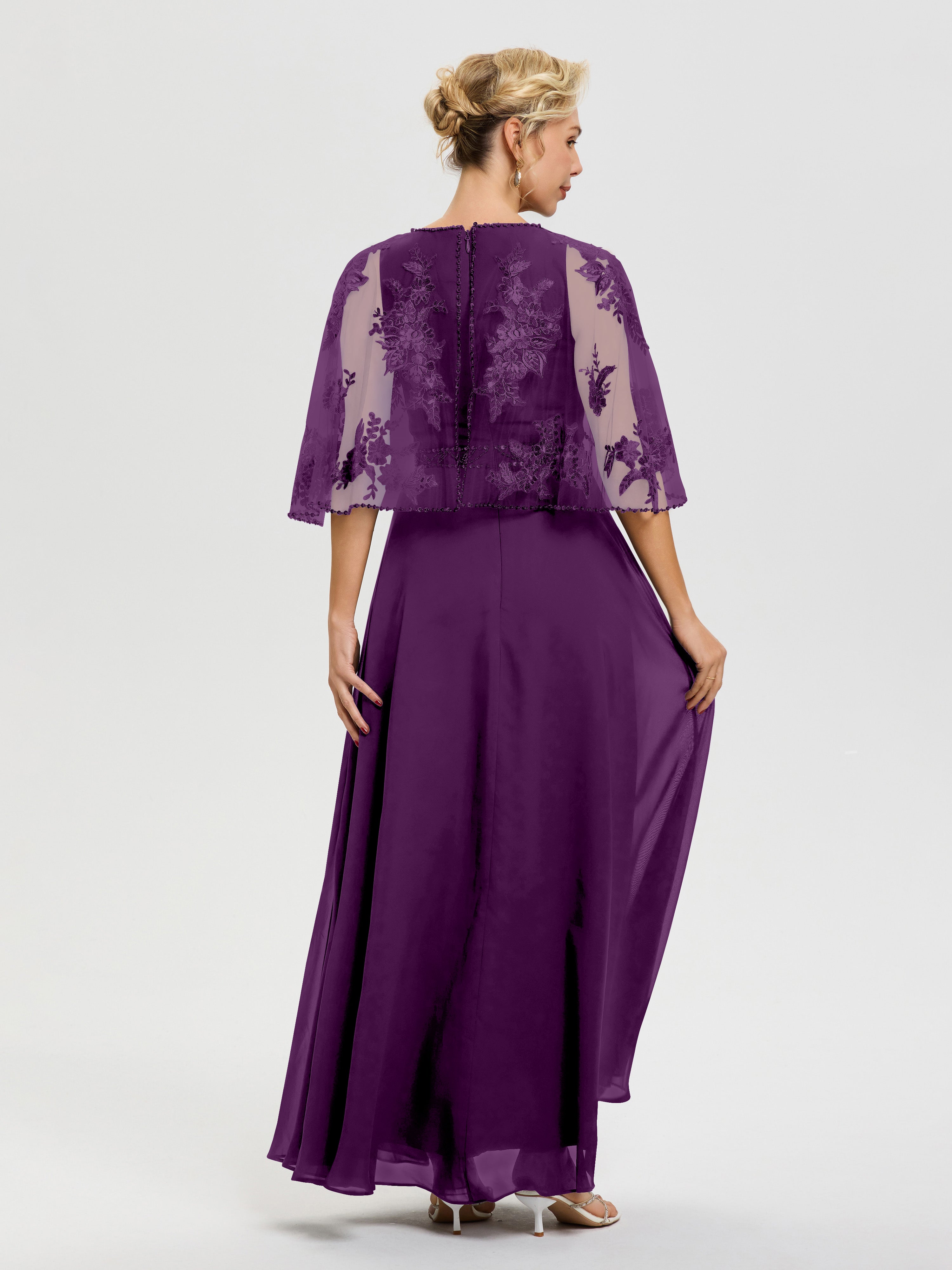 Robe De Mère Du Marié Raisin Mousseline & Dentelle Col Rond Robe De Cérémonie Mère De La Mariée