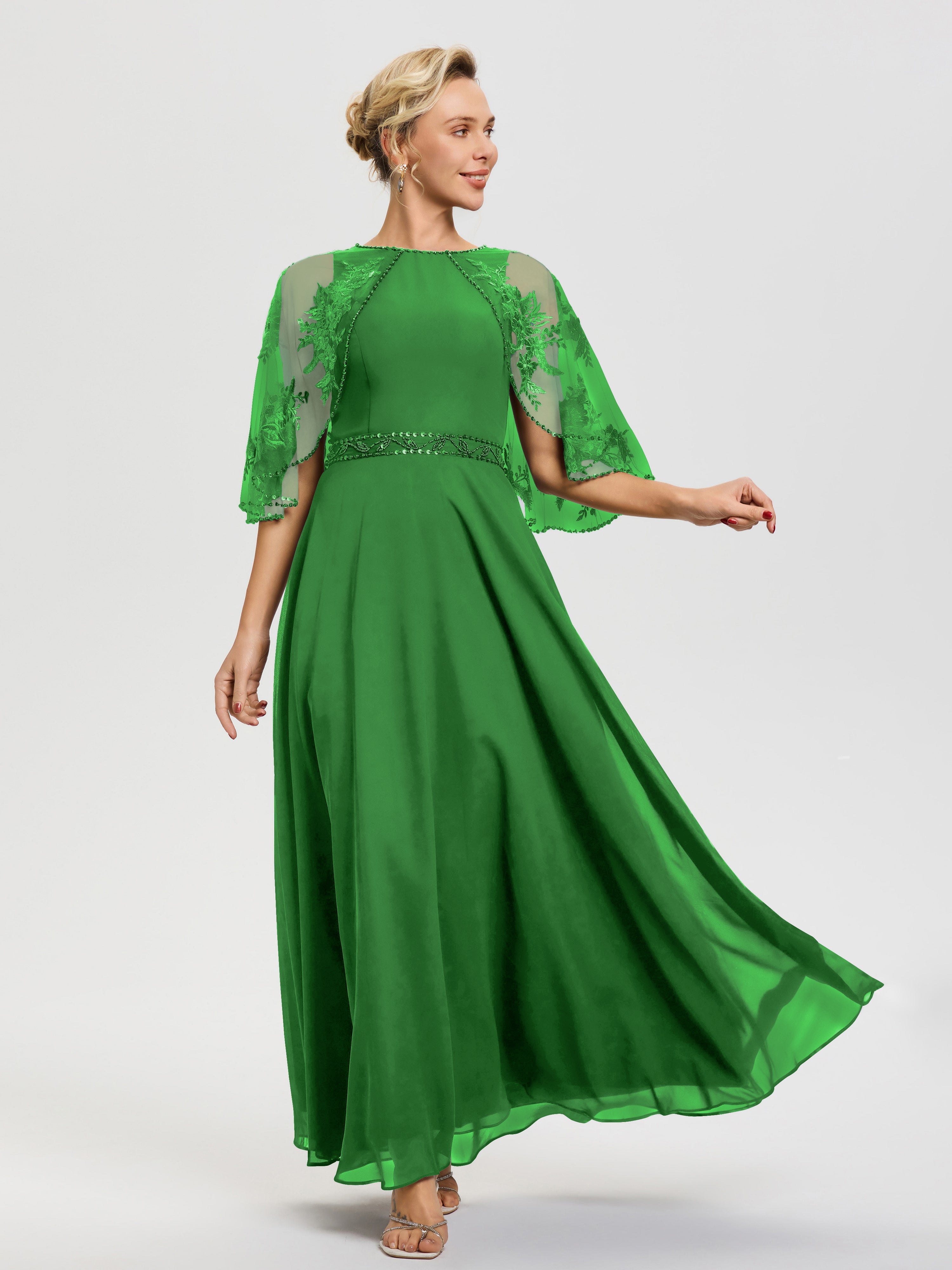 Robe De La Mère Du Marié Vert Mousseline & Dentelle Col Rond Robe De Cérémonie Mère De La Mariée