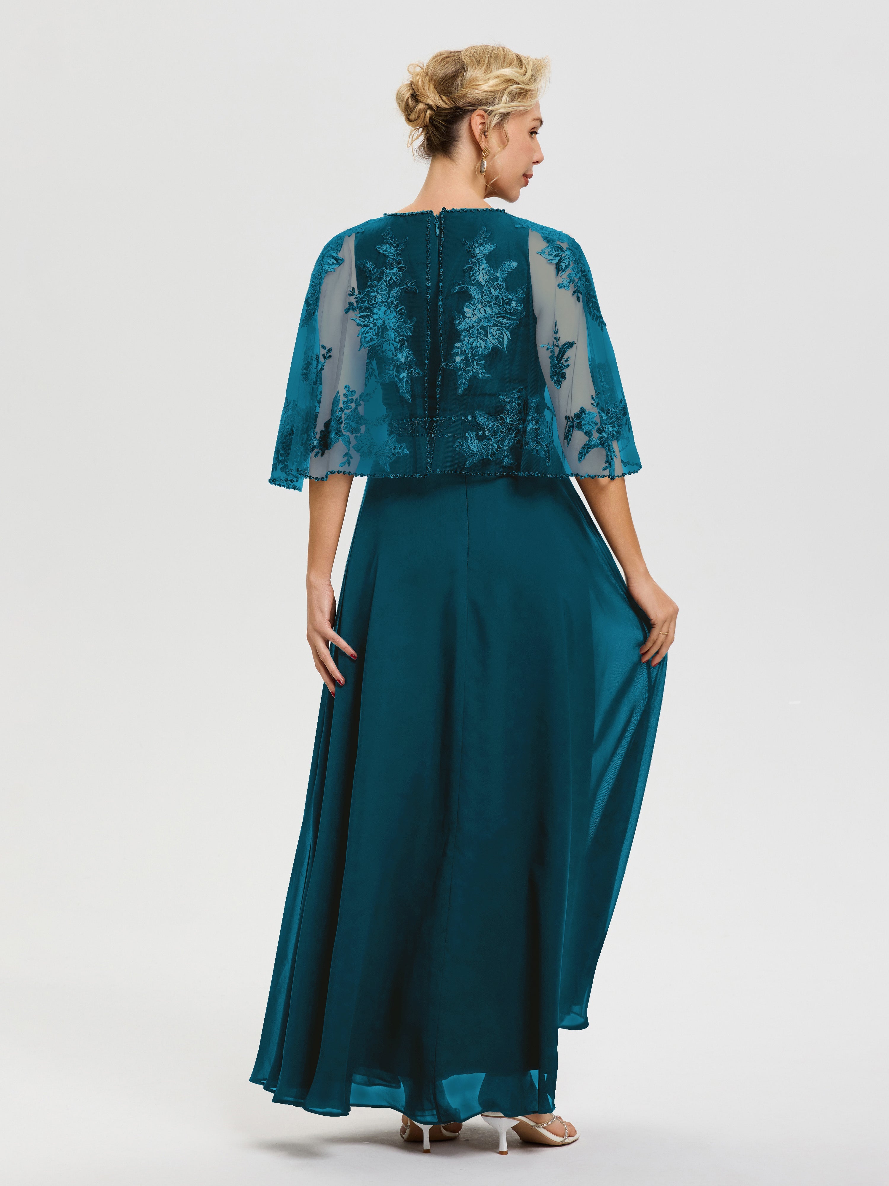 Robe Mère Du Marié Bleu Encre Mousseline & Dentelle Col Rond Robe De Cérémonie Mère De La Mariée