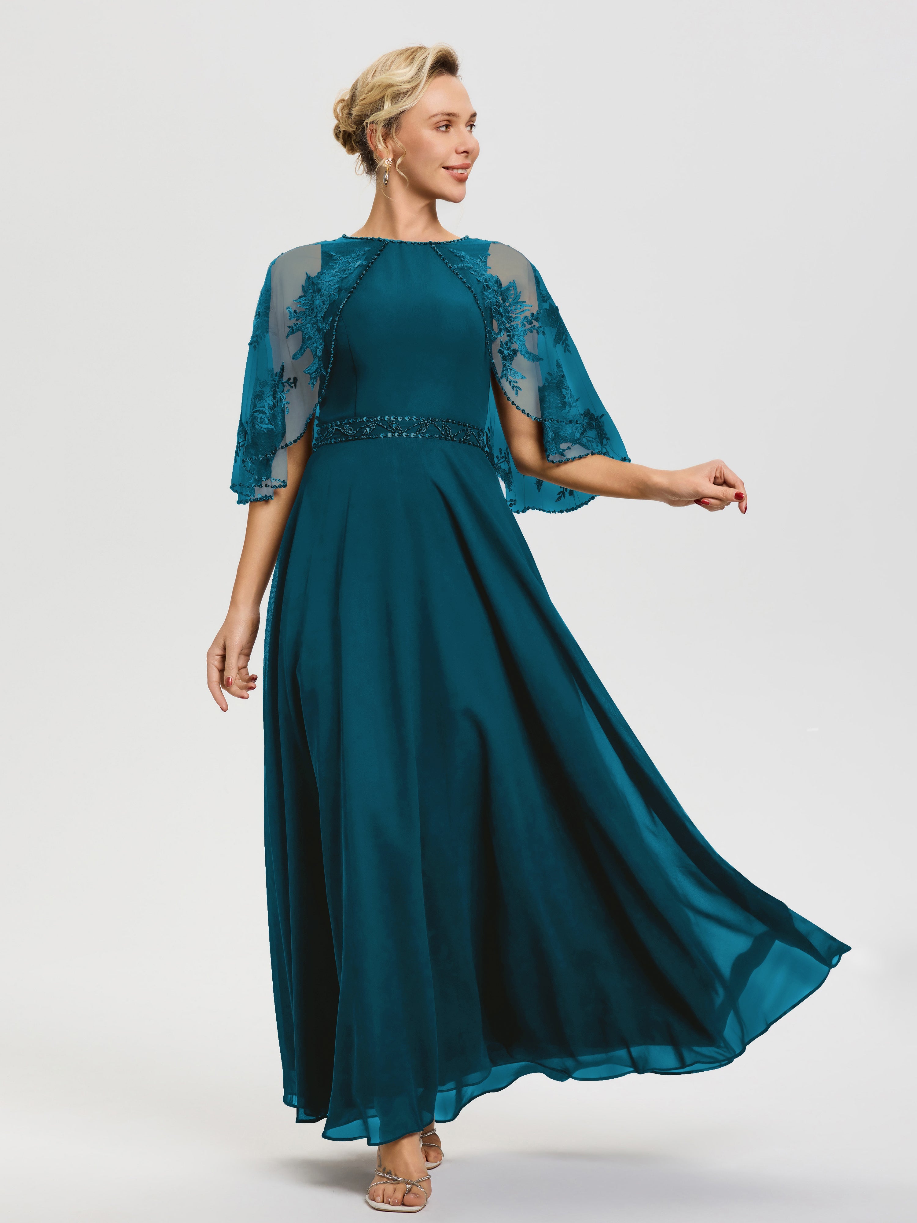 Robe Mère Du Marié Bleu Encre Mousseline & Dentelle Col Rond Robe De Cérémonie Mère De La Mariée