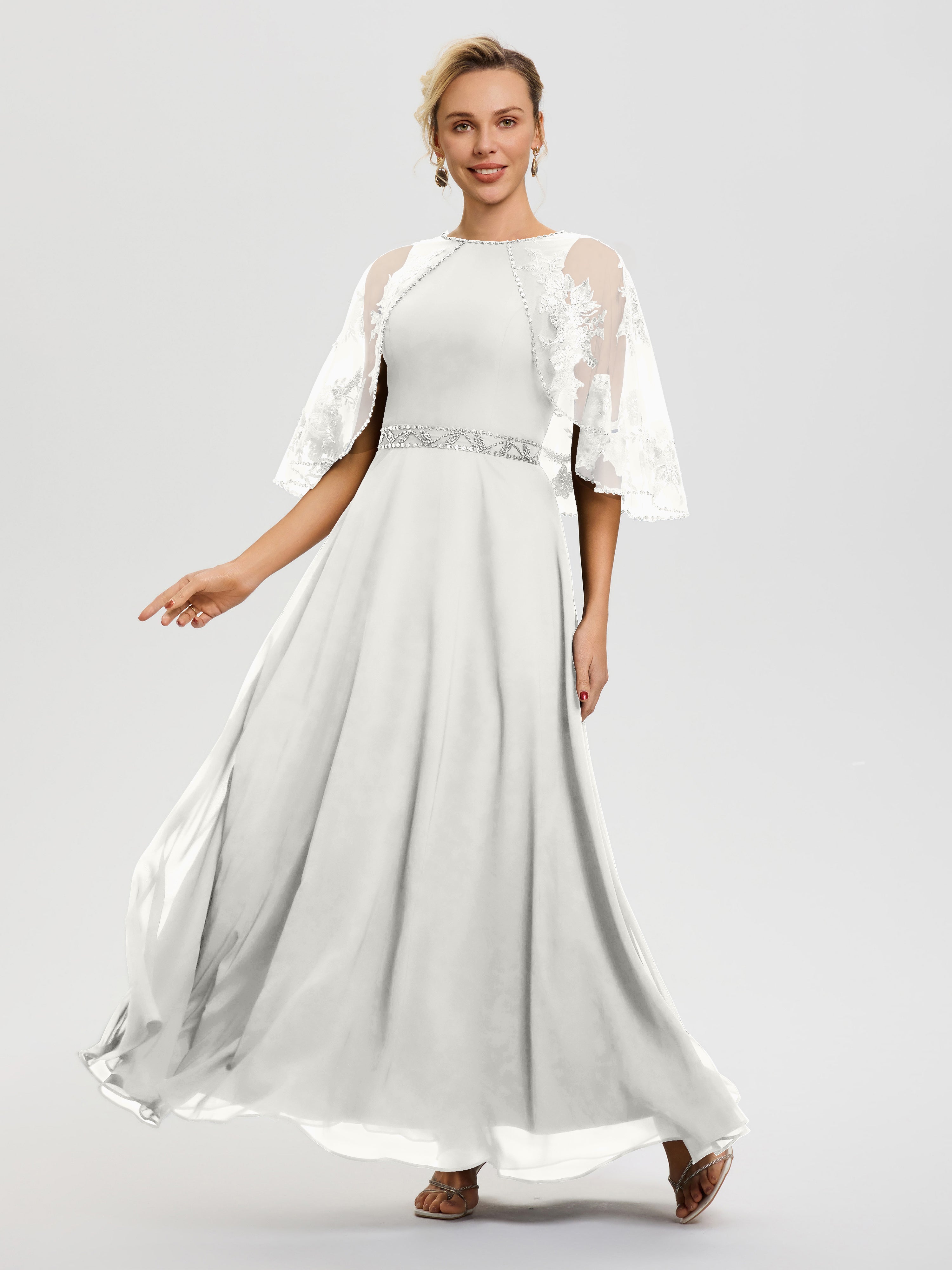 Robe Mère Du Marié Ivoire Mousseline & Dentelle Col Rond Robe De Cérémonie Mère De La Mariée