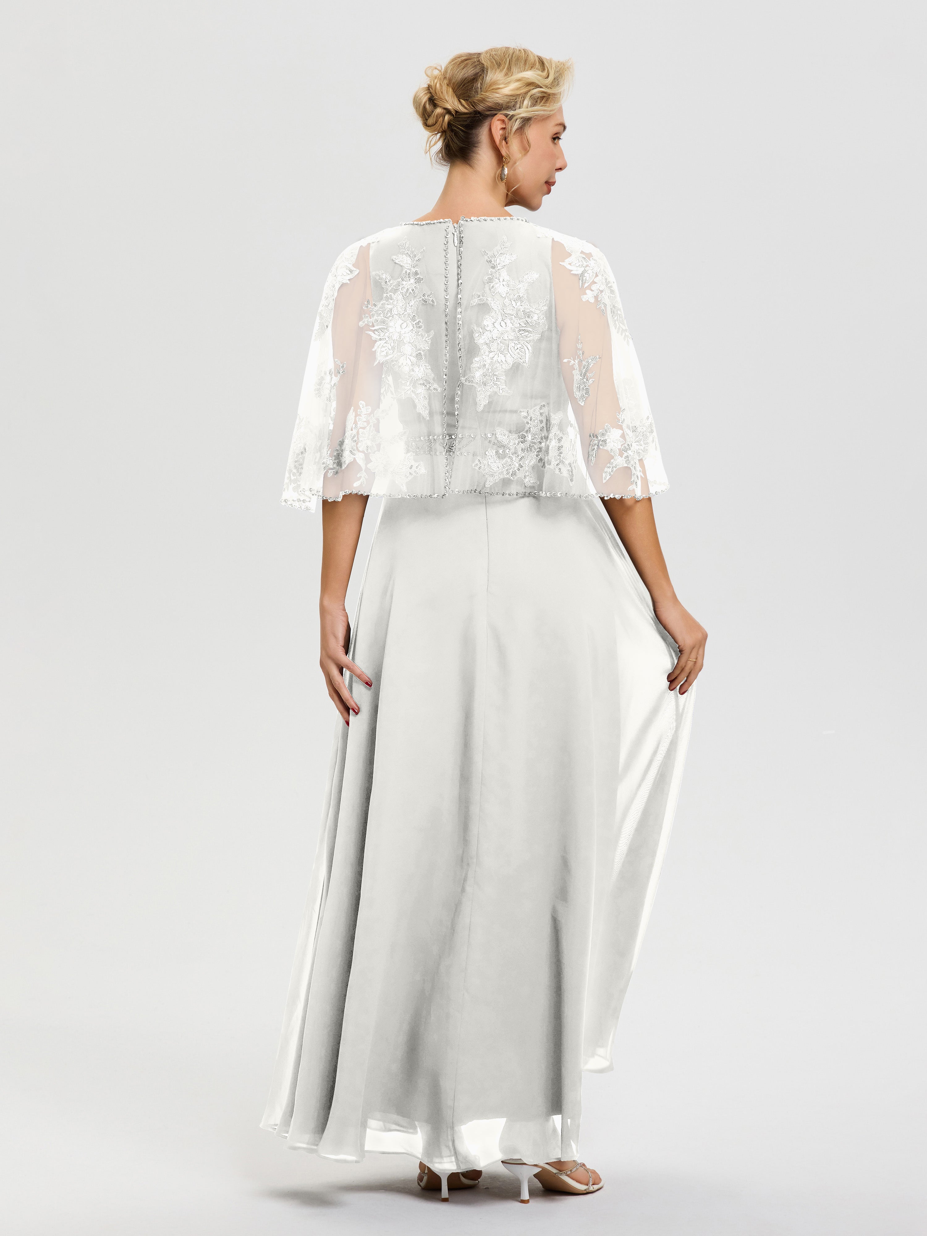Robe Mère Du Marié Ivoire Mousseline & Dentelle Col Rond Robe De Cérémonie Mère De La Mariée