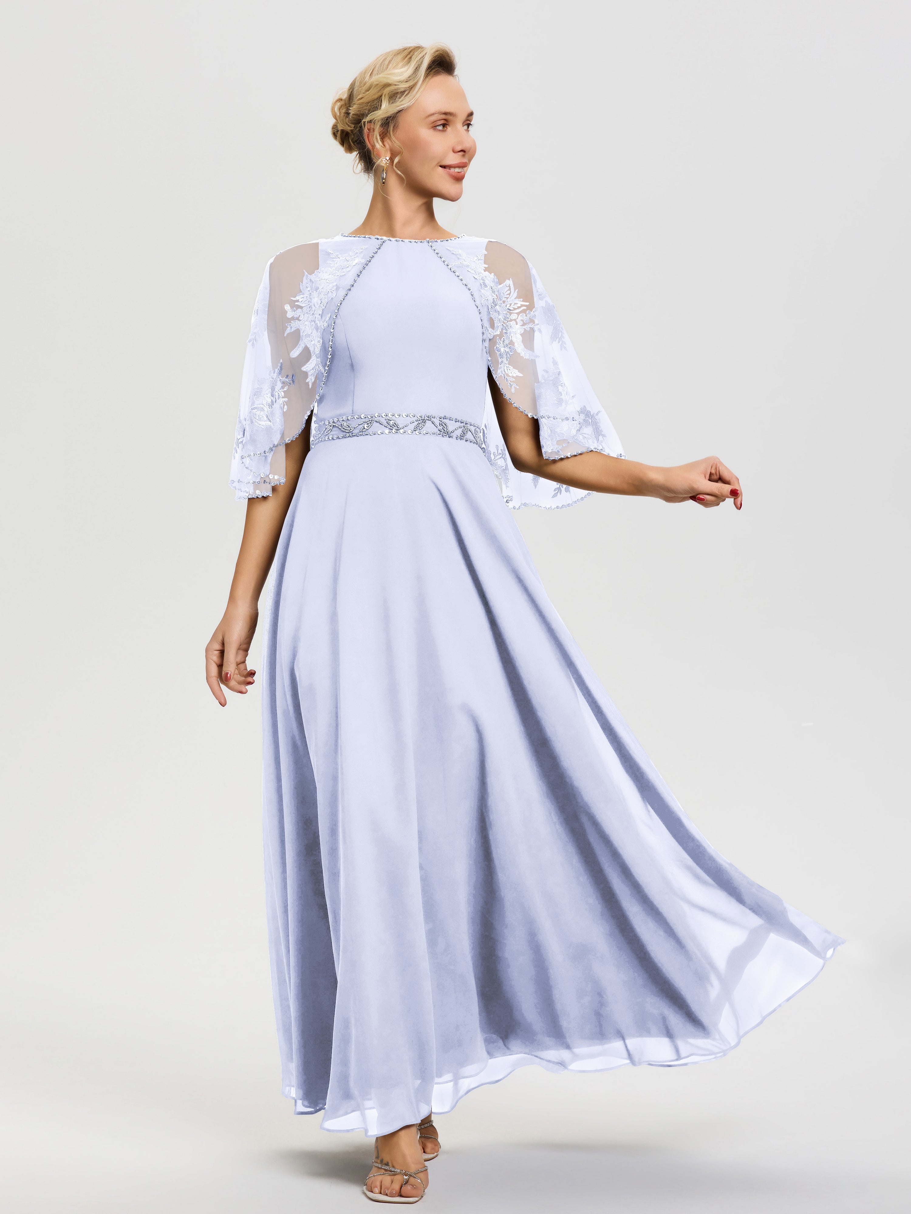 Robe De Mère Du Marié Lavande Mousseline & Dentelle Col Rond Robe De Cérémonie Mère De La Mariée