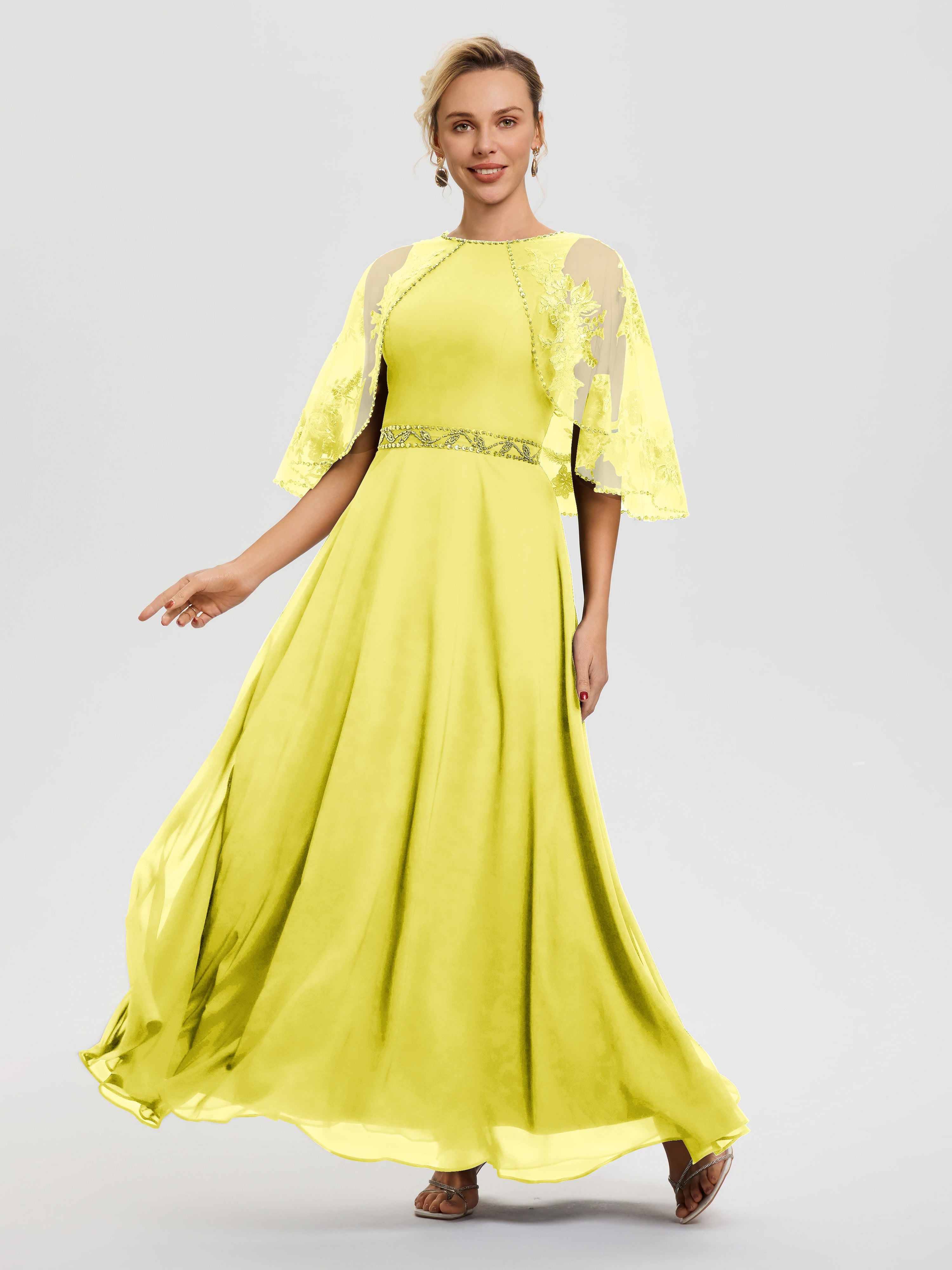 Robe De Mère De La Mariée Citron Mousseline-Dentelle-Col-Rond-Robe-De-Ceremonie-Mere-De-La-Mariee
