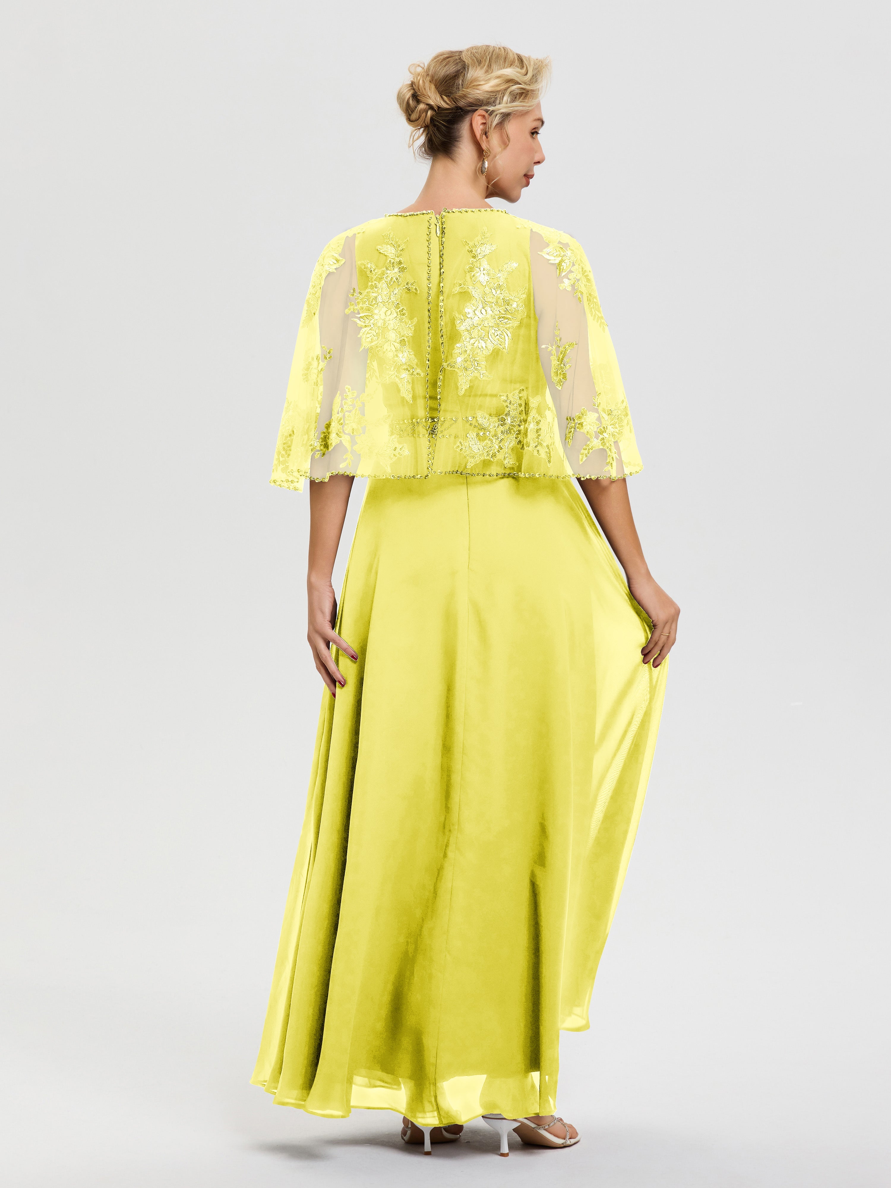 Robe De Mère De La Mariée Citron Mousseline-Dentelle-Col-Rond-Robe-De-Ceremonie-Mere-De-La-Mariee