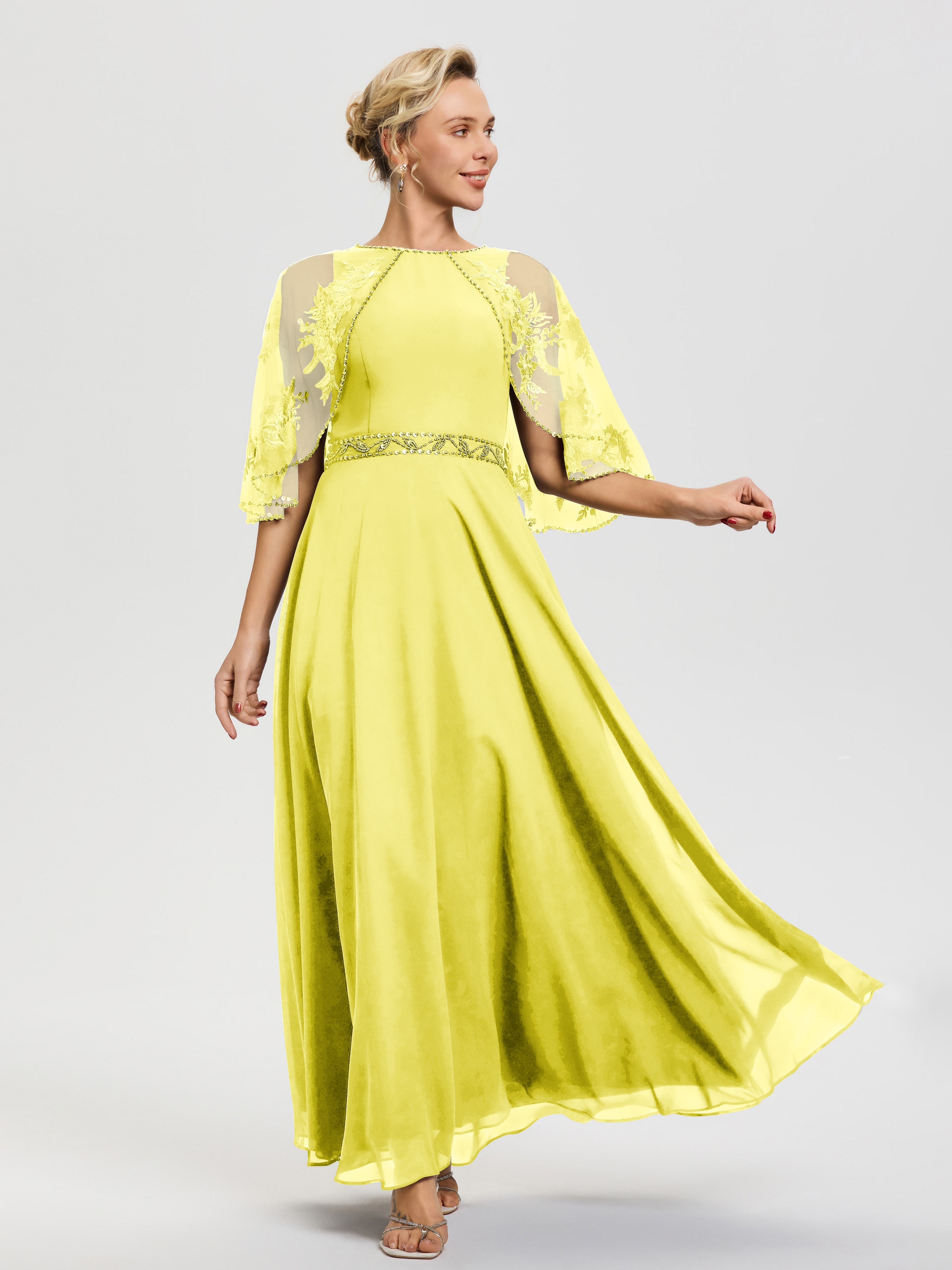 Robe De Mère De La Mariée Citron Mousseline-Dentelle-Col-Rond-Robe-De-Ceremonie-Mere-De-La-Mariee