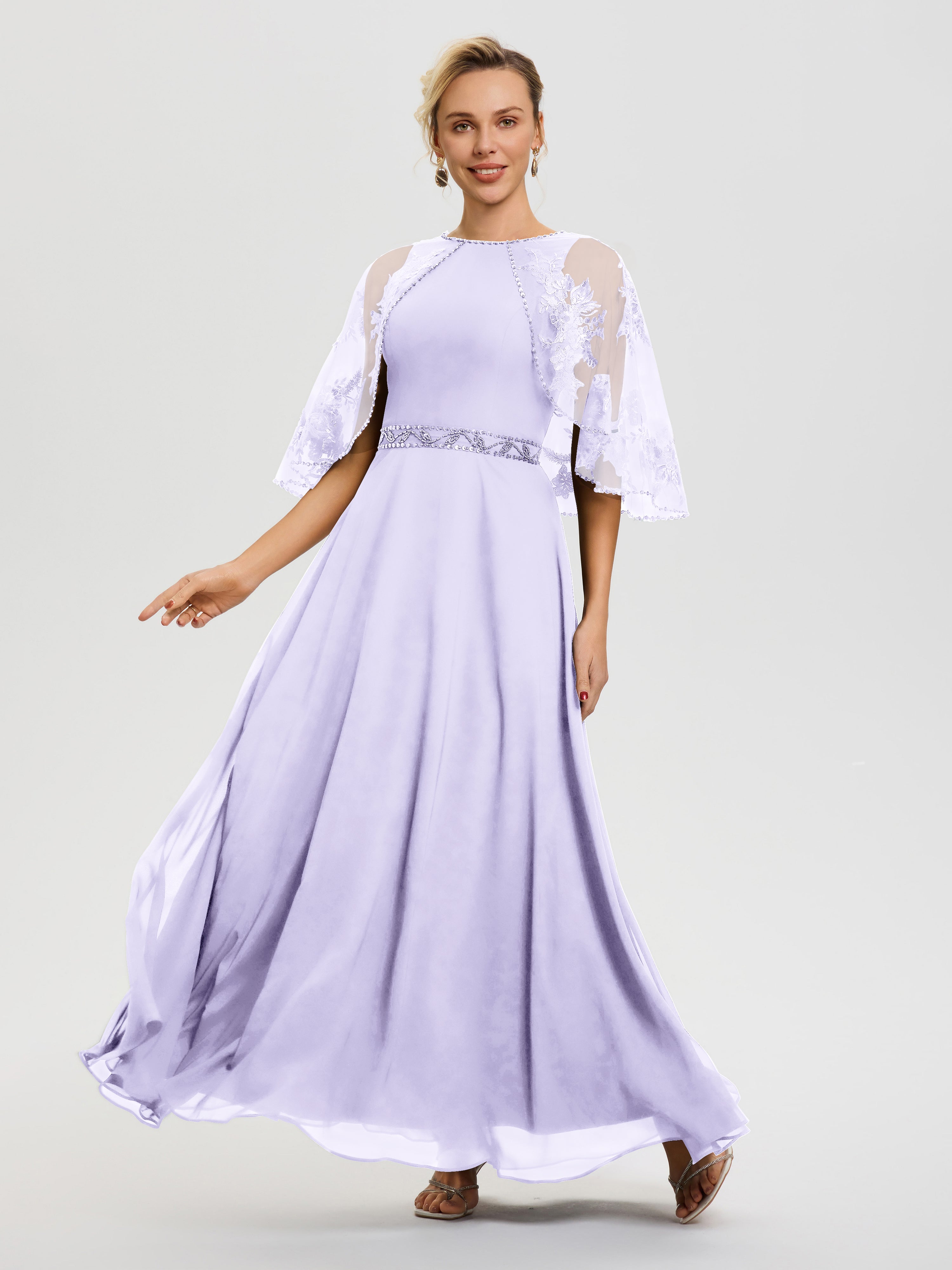 Robe De Mère Du Marié Lilas Mousseline & Dentelle Col Rond Robe De Cérémonie Mère De La Mariée