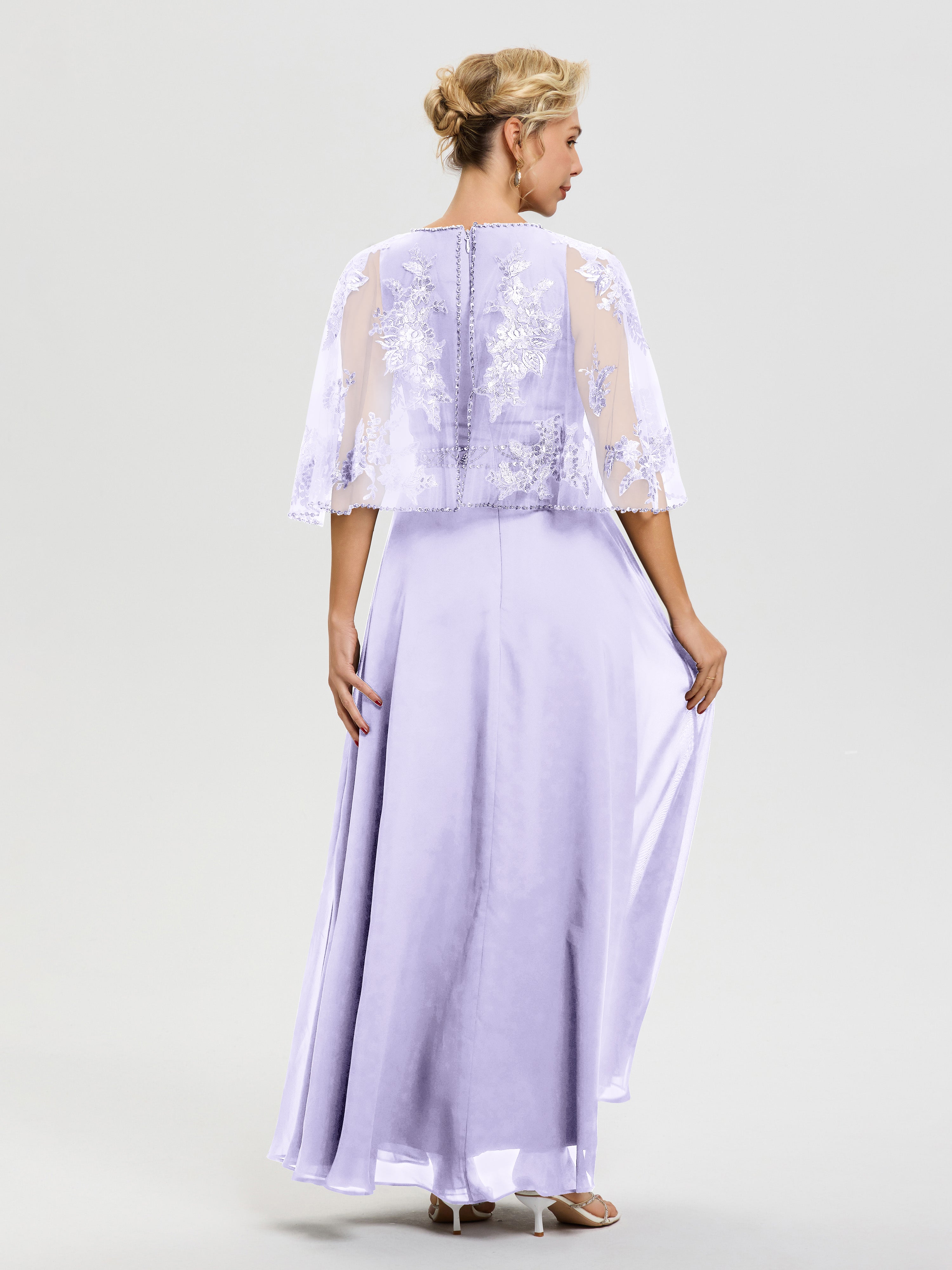 Robe De Mère Du Marié Lilas Mousseline & Dentelle Col Rond Robe De Cérémonie Mère De La Mariée