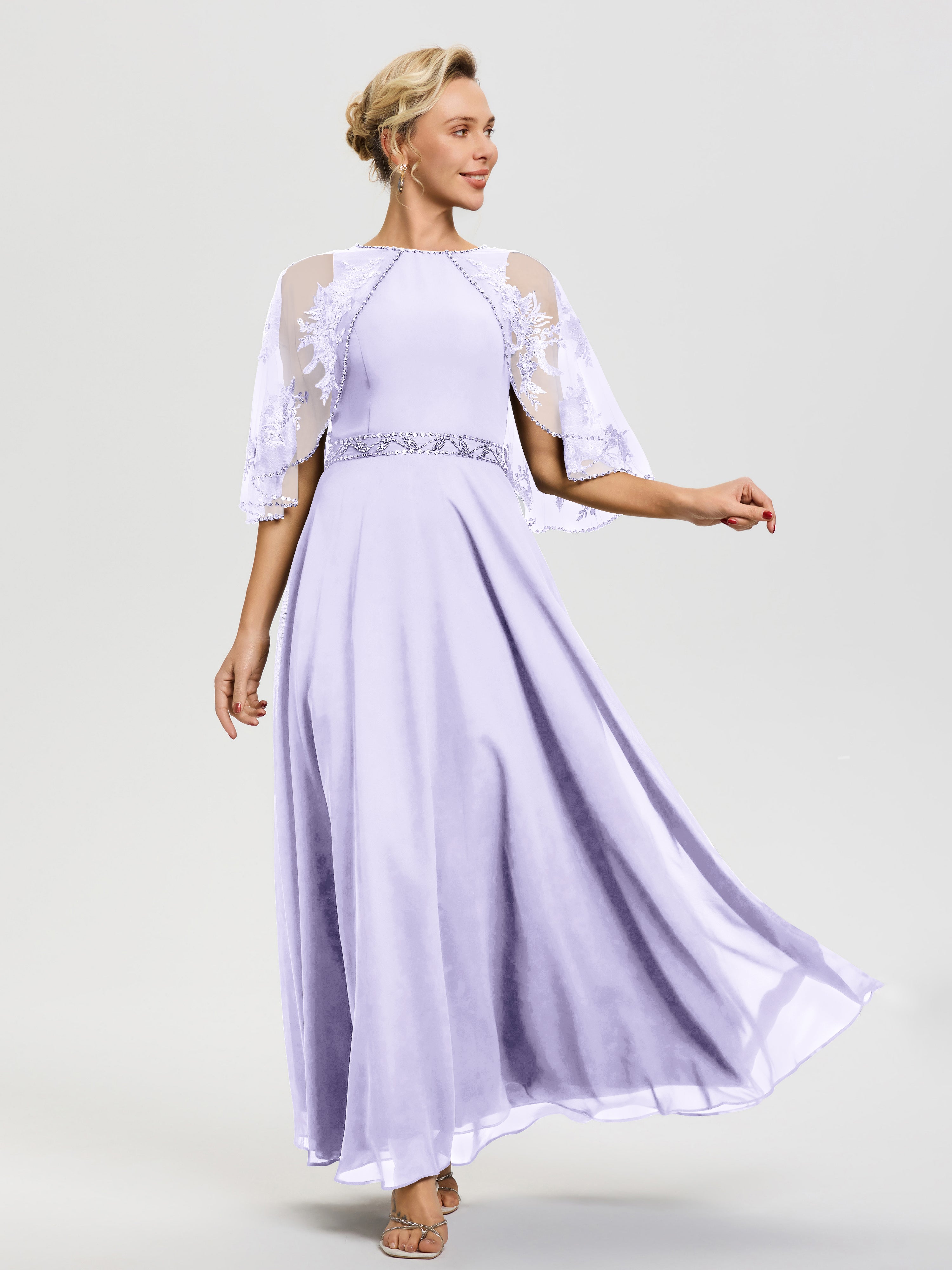 Robe De Mère Du Marié Lilas Mousseline & Dentelle Col Rond Robe De Cérémonie Mère De La Mariée