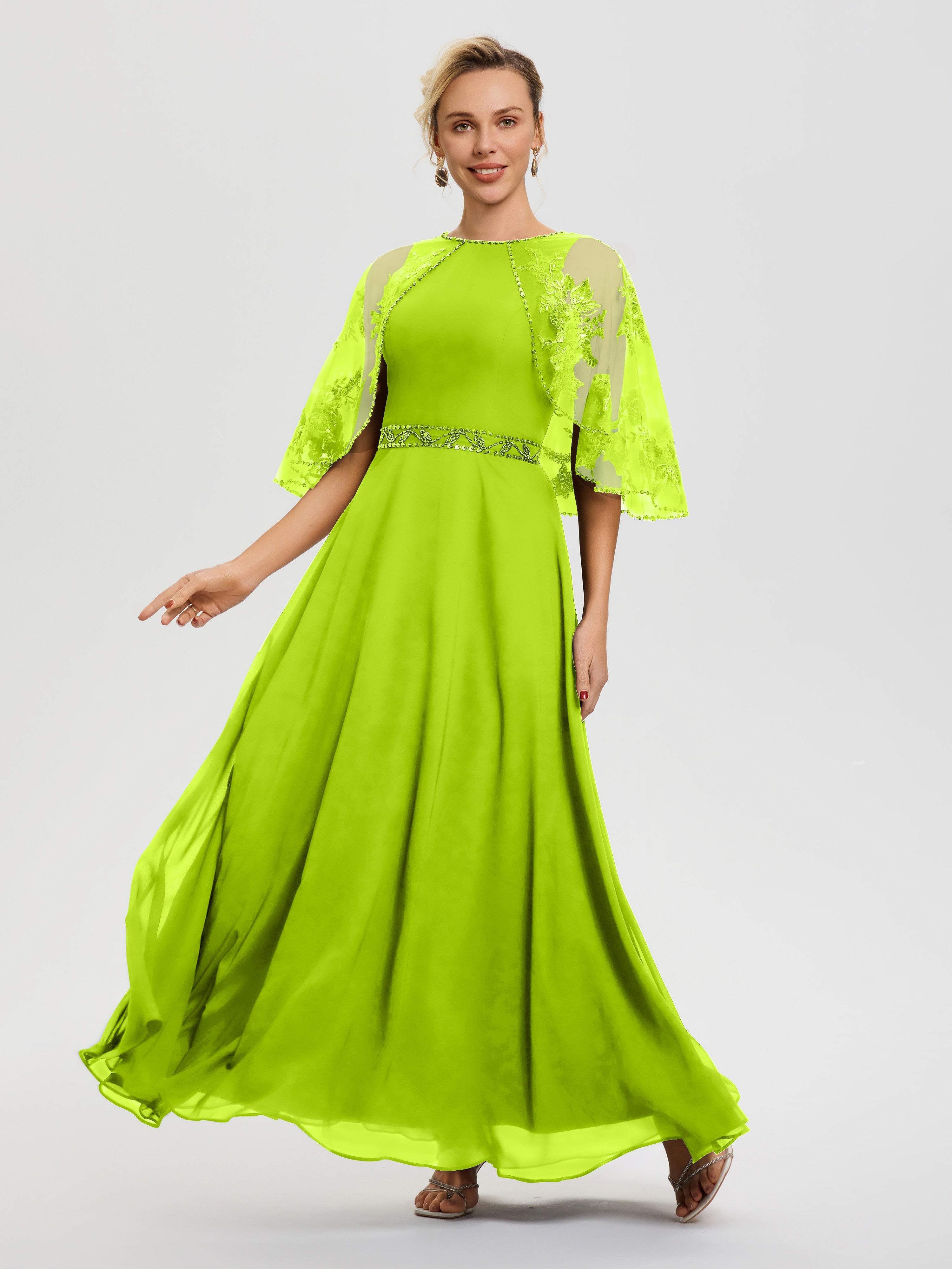 Cicinia Robe Mère De La Mariée Vert Citron Mousseline & Dentelle Col Rond Robe De Cérémonie Mère De La Mariée