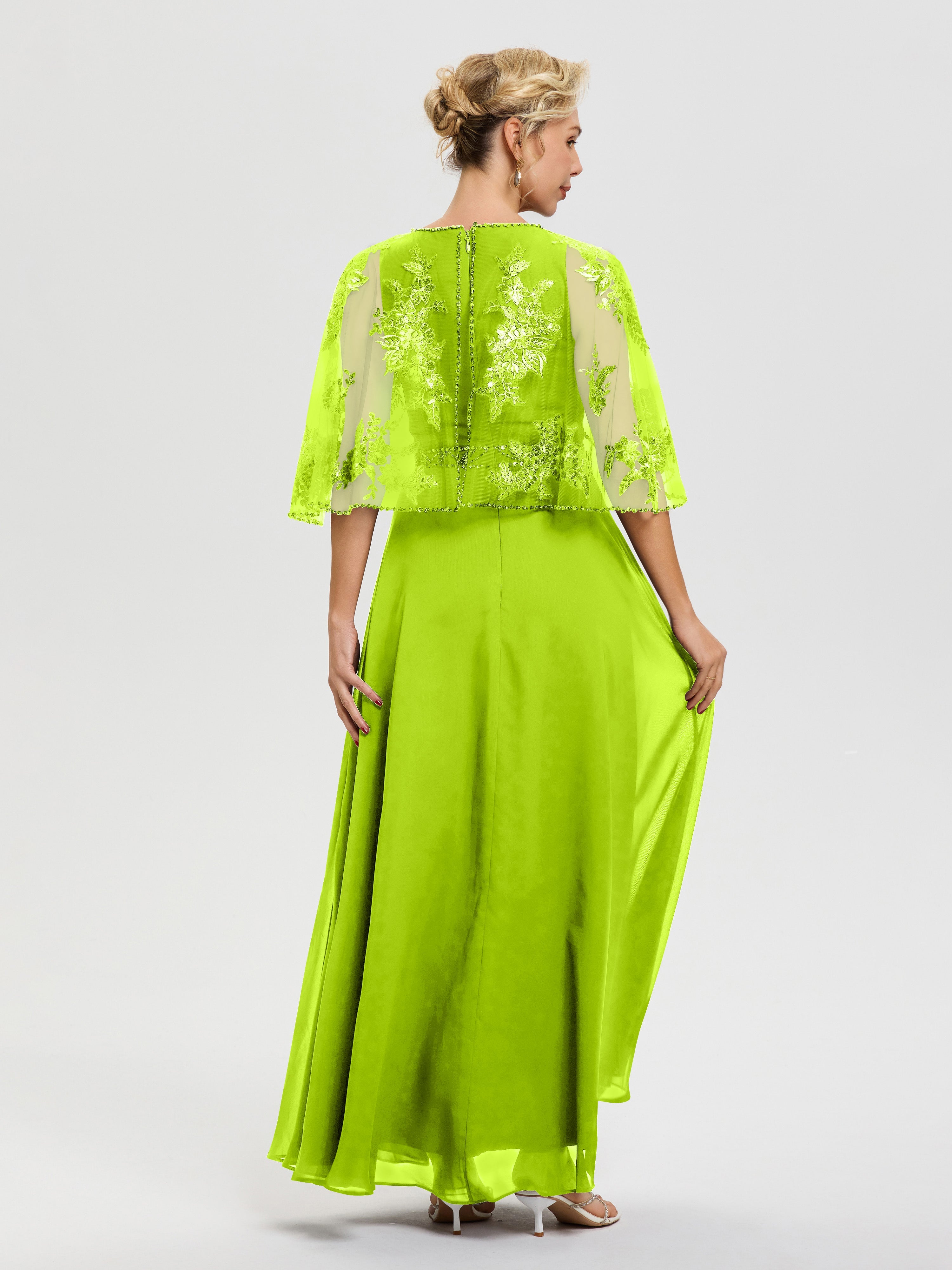 Cicinia Robe Mère De La Mariée Vert Citron Mousseline & Dentelle Col Rond Robe De Cérémonie Mère De La Mariée