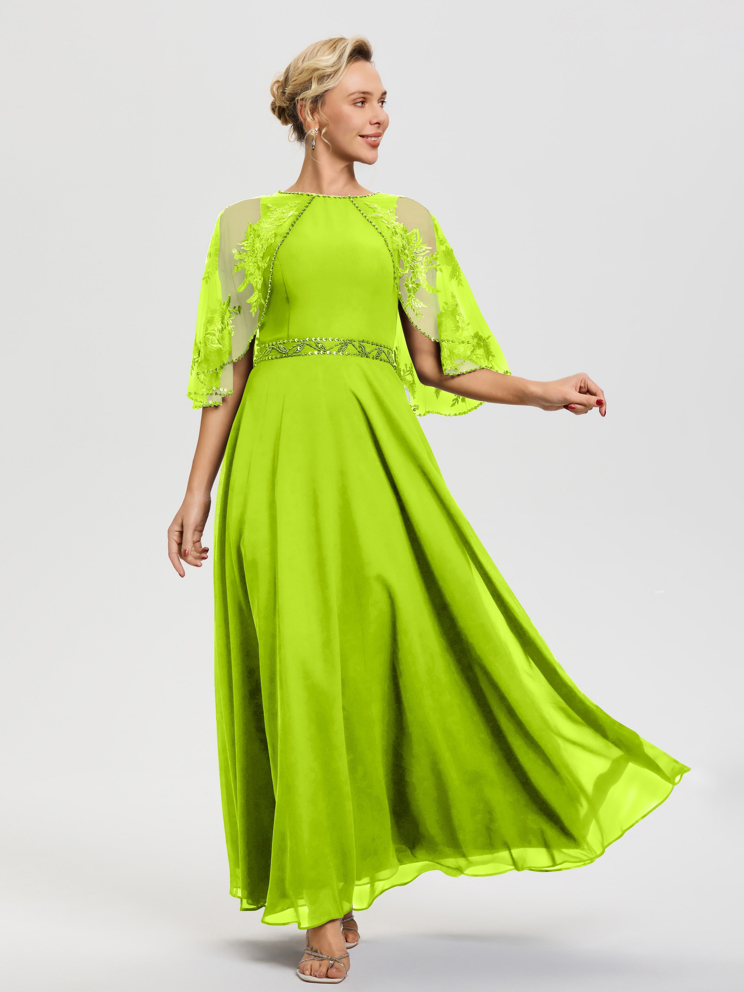 Cicinia Robe Mère De La Mariée Vert Citron Mousseline & Dentelle Col Rond Robe De Cérémonie Mère De La Mariée