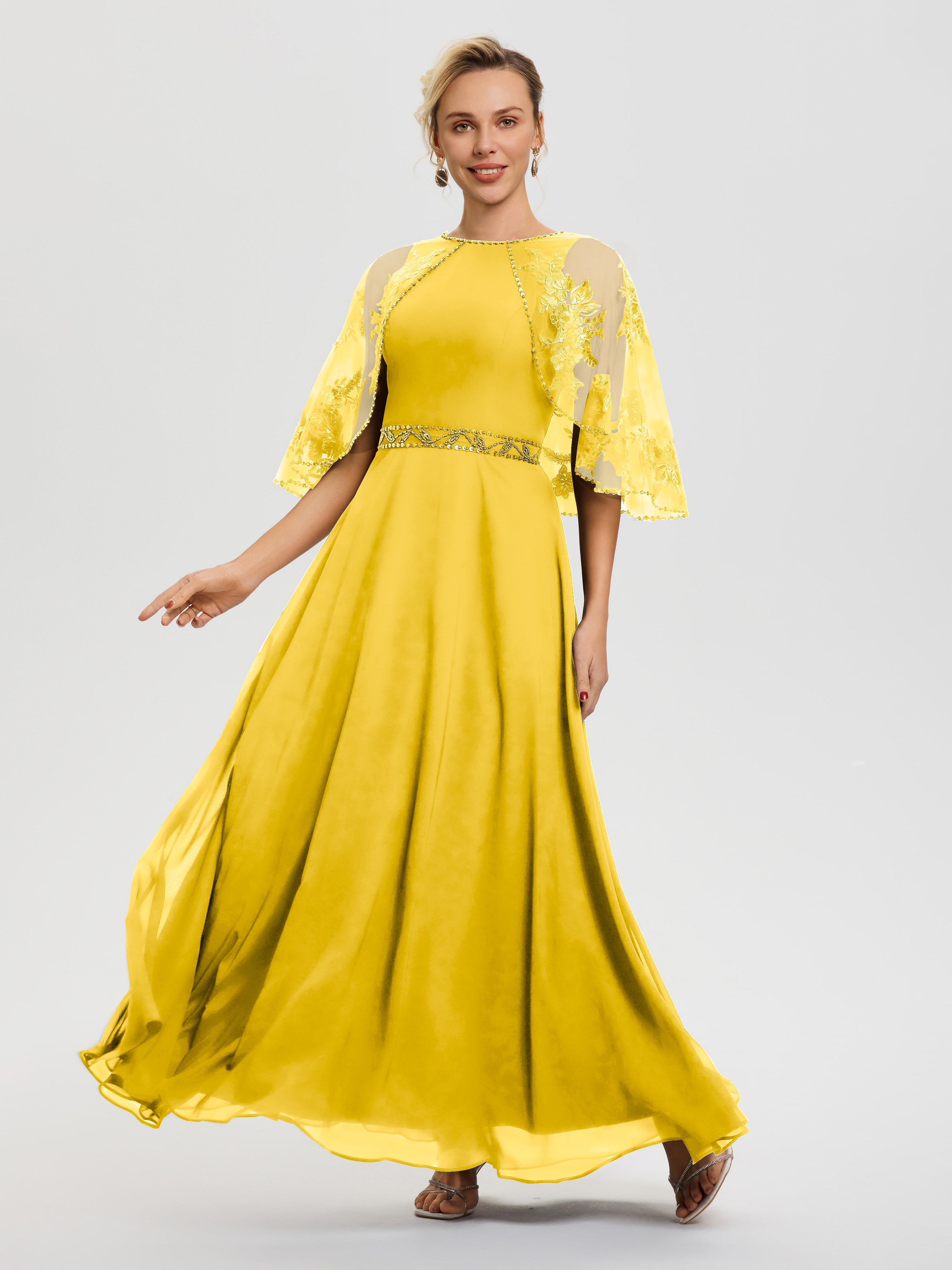 Robe Cérémonie Mère Du Marié Souci Mousseline & Dentelle Col Rond Robe De Cérémonie Mère De La Mariée