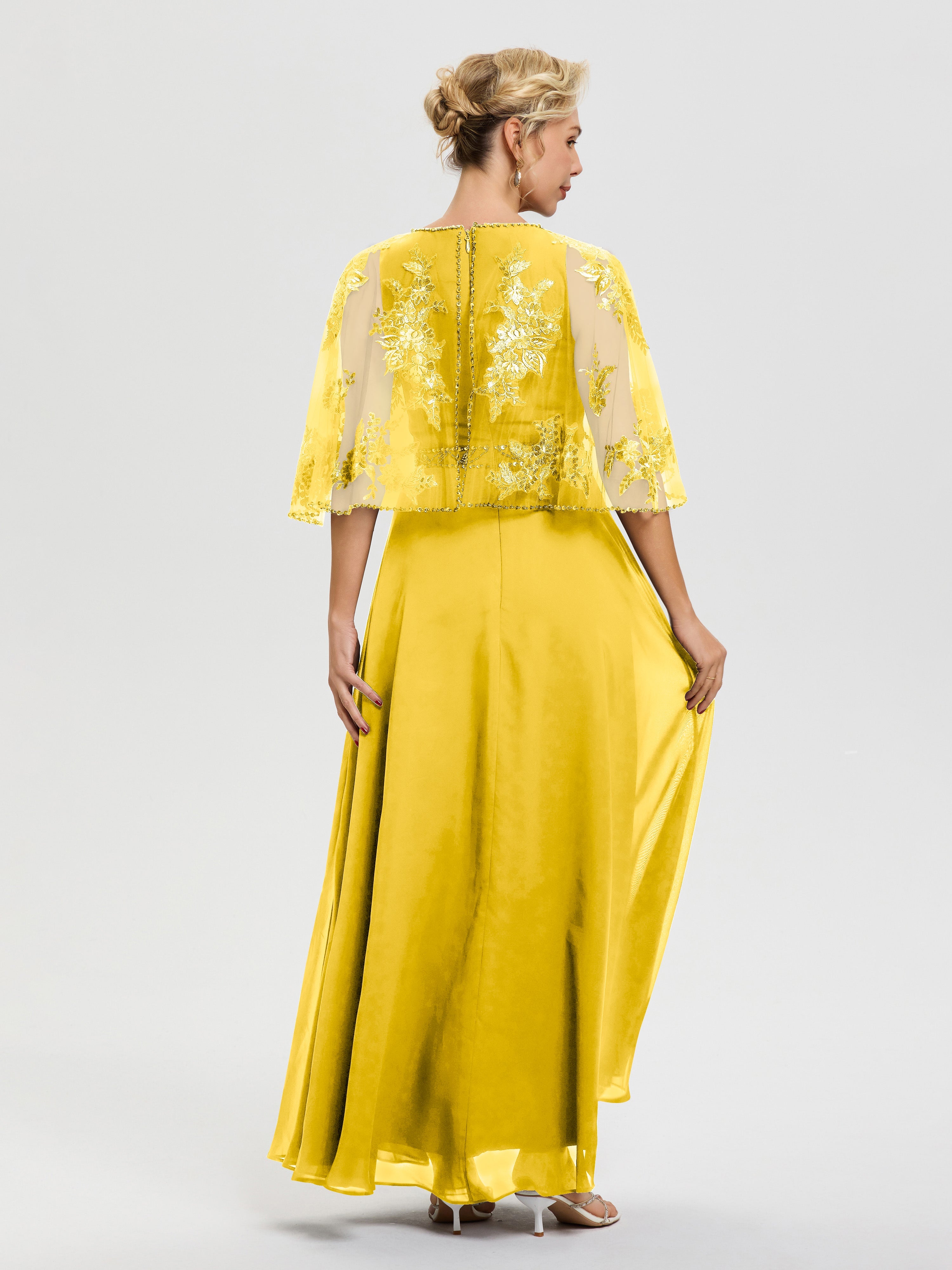 Robe Cérémonie Mère Du Marié Souci Mousseline & Dentelle Col Rond Robe De Cérémonie Mère De La Mariée