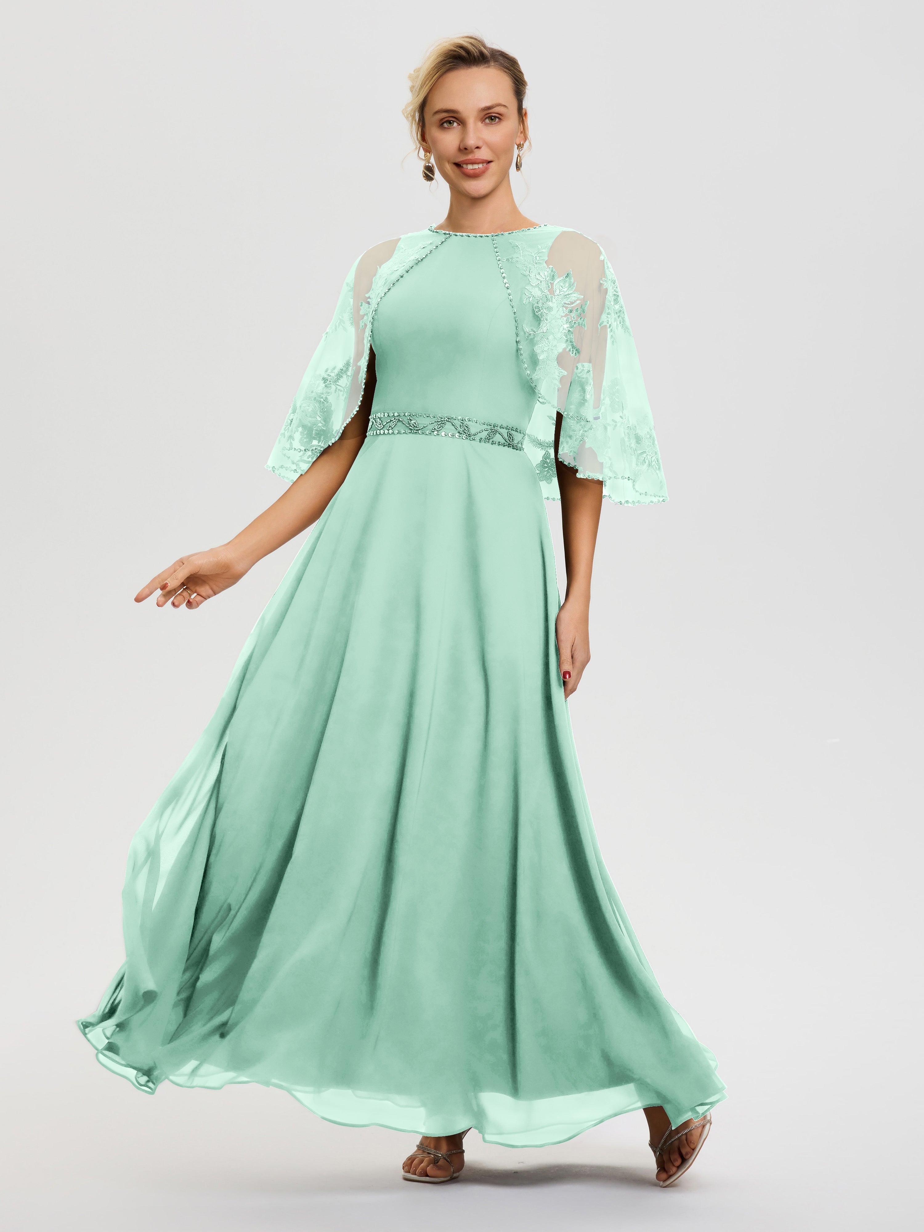 Robe Mère De La Mariee Vert Menthe Mousseline & Dentelle Col Rond Robe De Cérémonie Mère De La Mariée