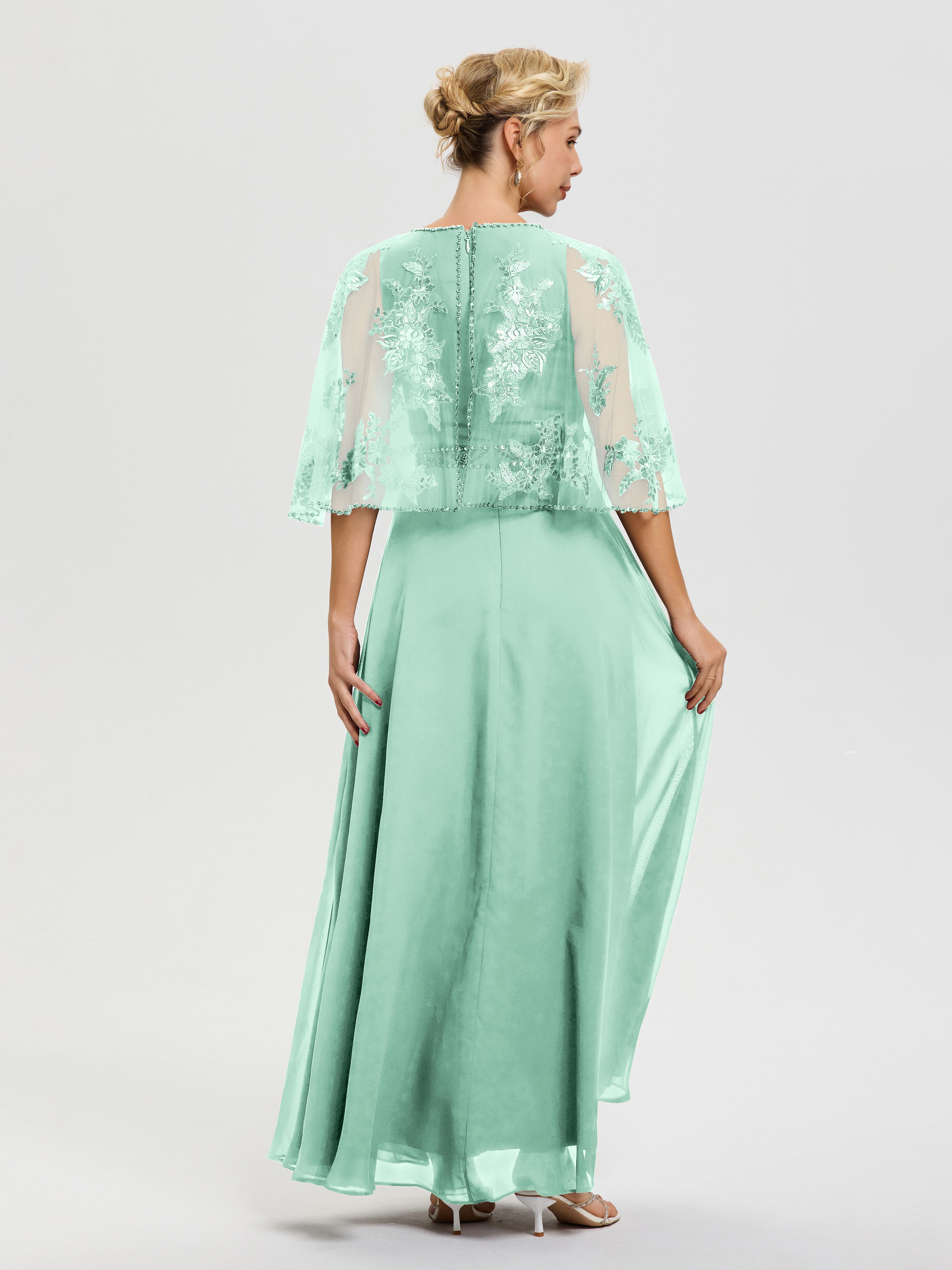 Robe Mère De La Mariee Vert Menthe Mousseline & Dentelle Col Rond Robe De Cérémonie Mère De La Mariée
