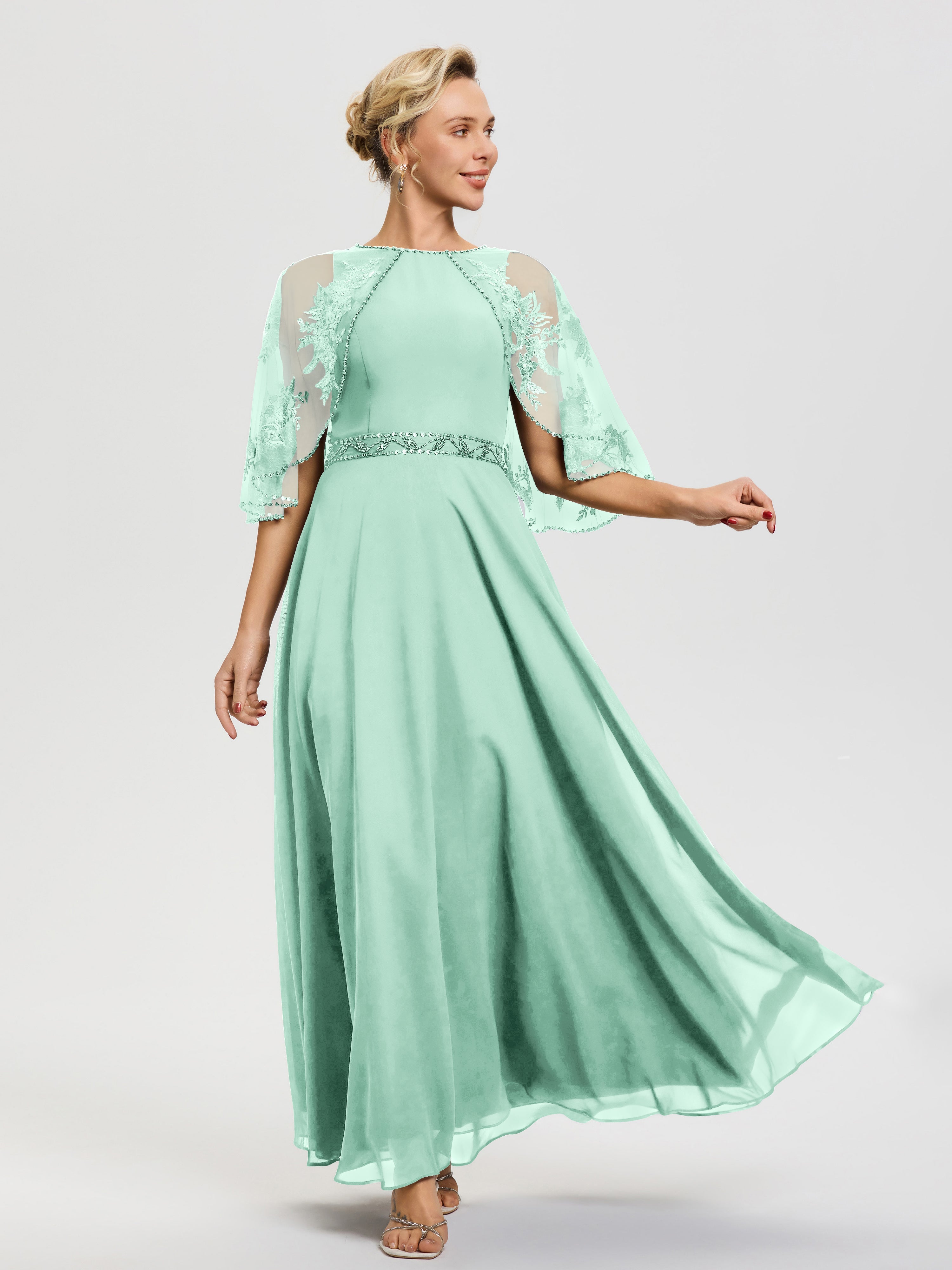 Robe Mère De La Mariee Vert Menthe Mousseline & Dentelle Col Rond Robe De Cérémonie Mère De La Mariée