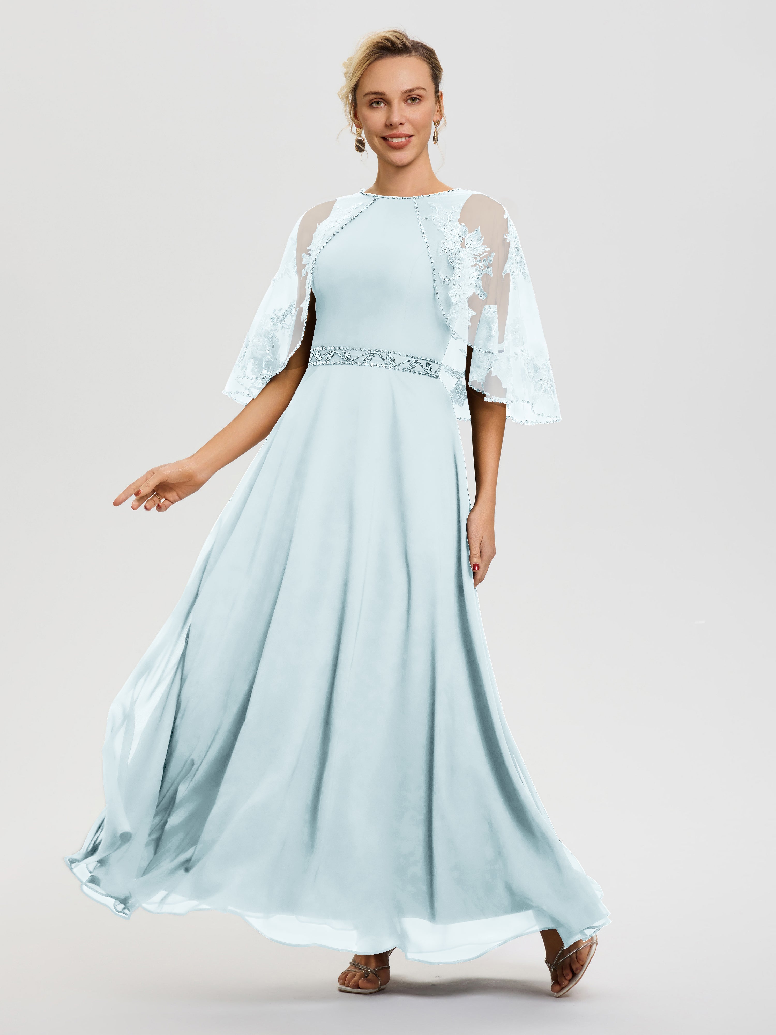 Robe De Mère De La Mariée Brume Mousseline-Dentelle-Col-Rond-Robe-De-Ceremonie-Mere-De-La-Mariee